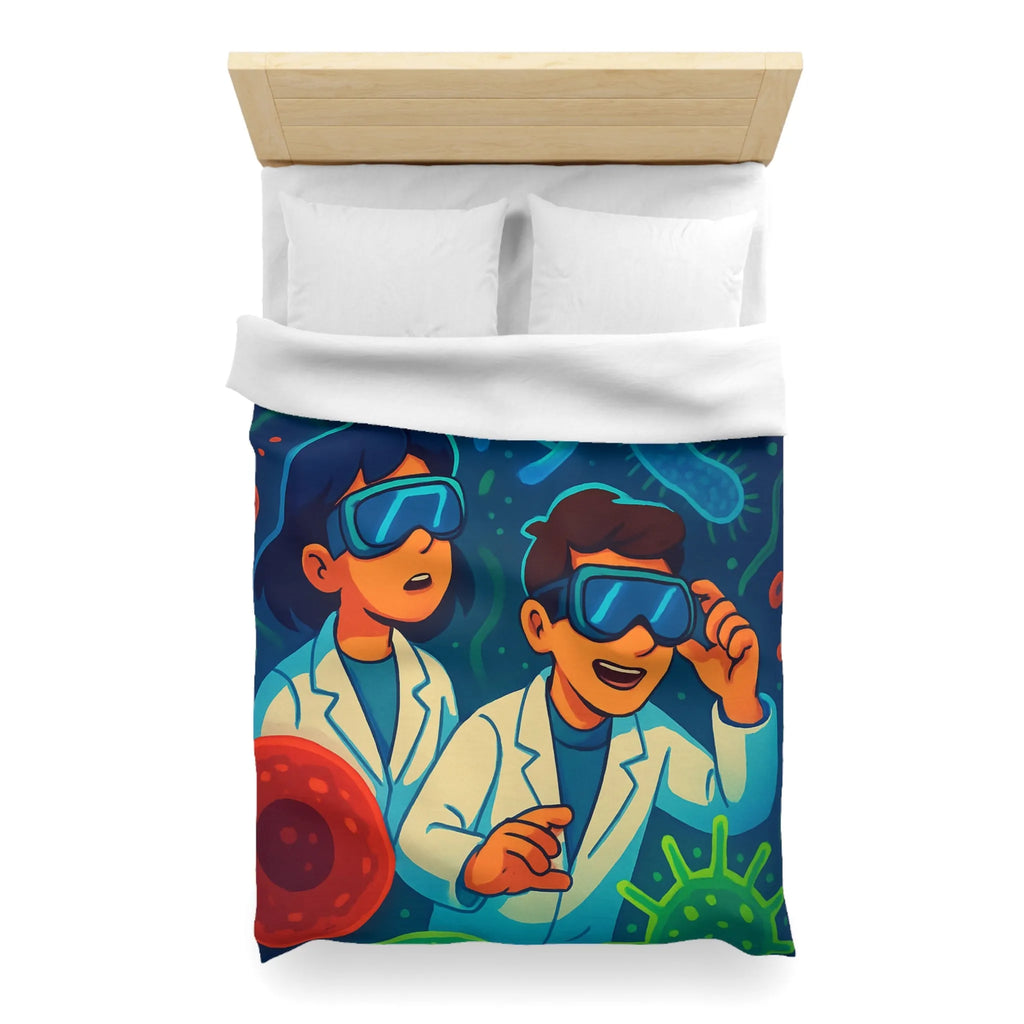 Drap housse scientifique ludique avec chercheurs et microbes éclatants en couleurs vibrantes et vives