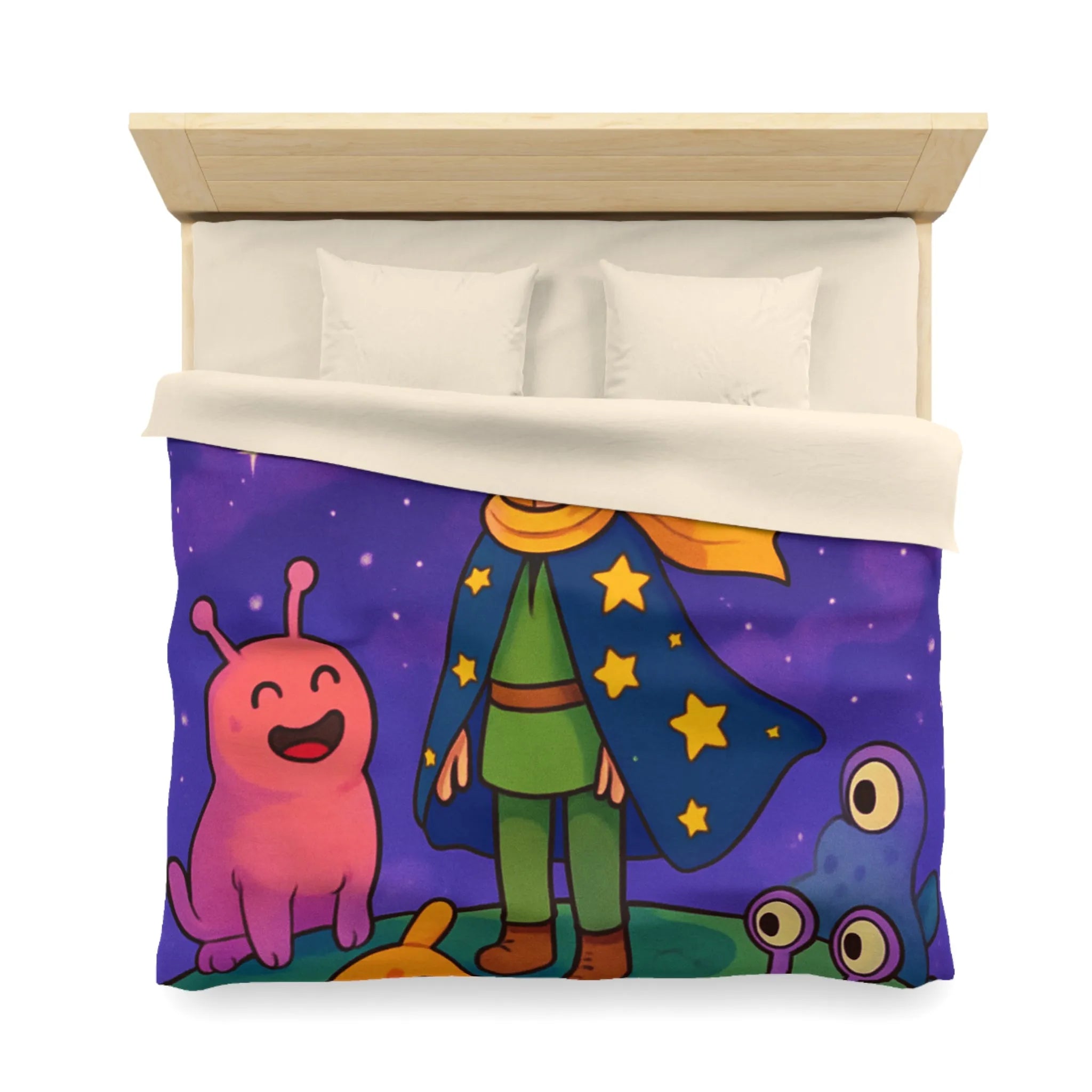 Housse de Couette Colorée Enfantine avec Enfant et Créatures sous Ciel Étoilé