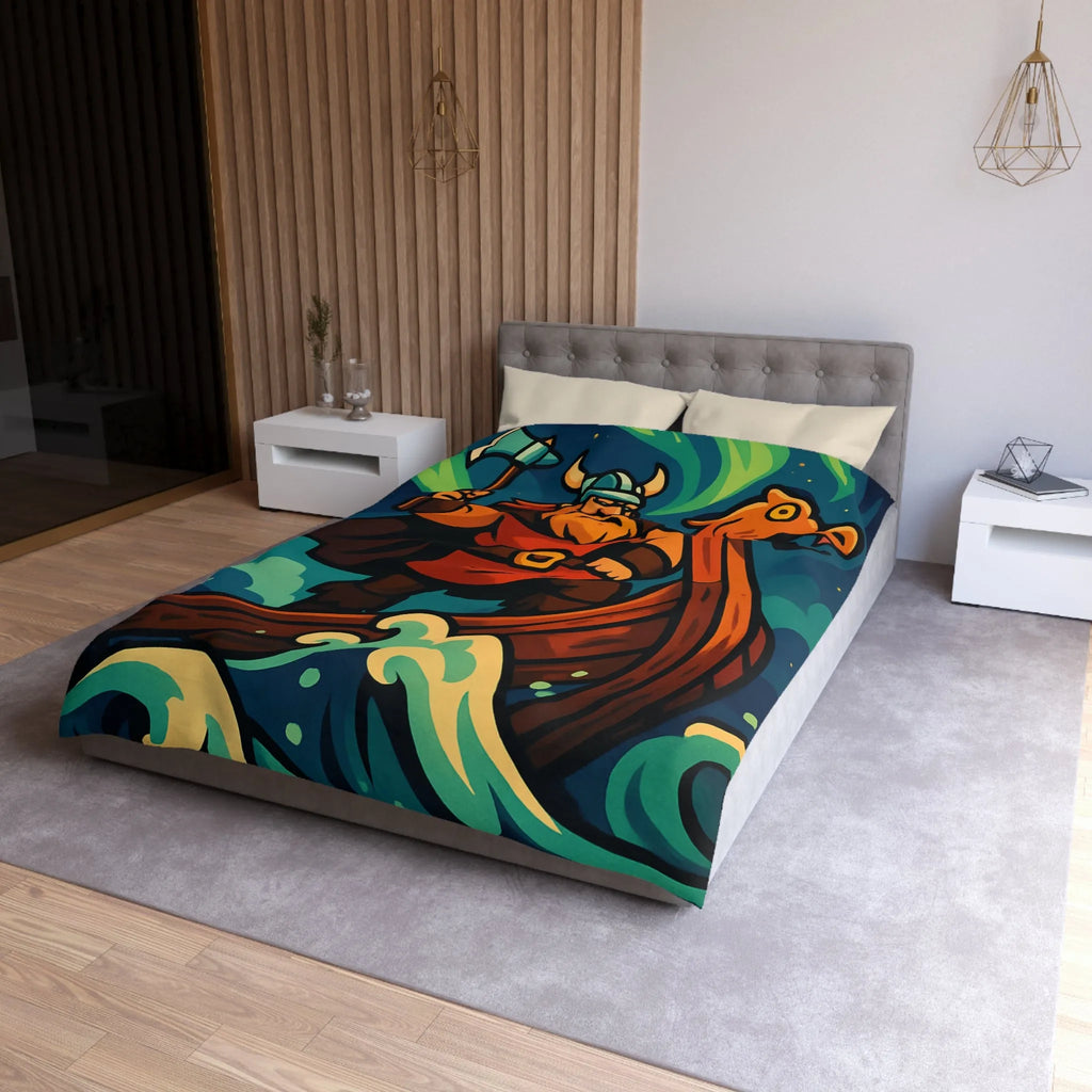 Housse de couette illustrée avec guerrier viking sur drakkar et aurores boréales