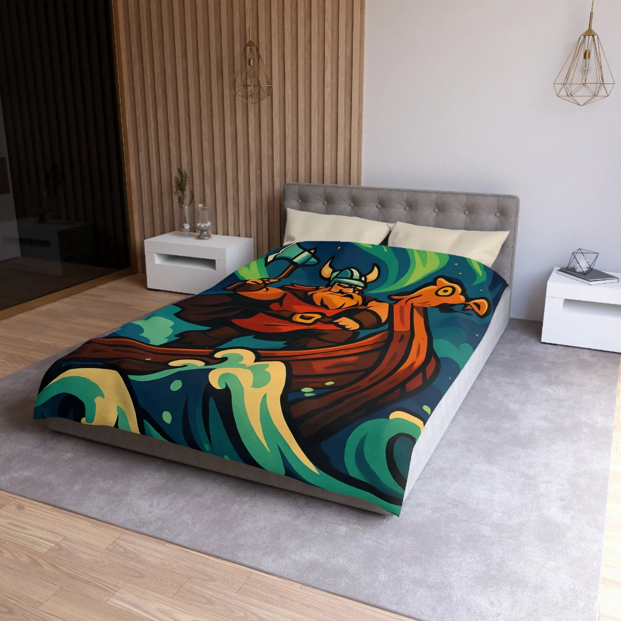 Housse de couette illustrée avec guerrier viking sur drakkar et aurores boréales