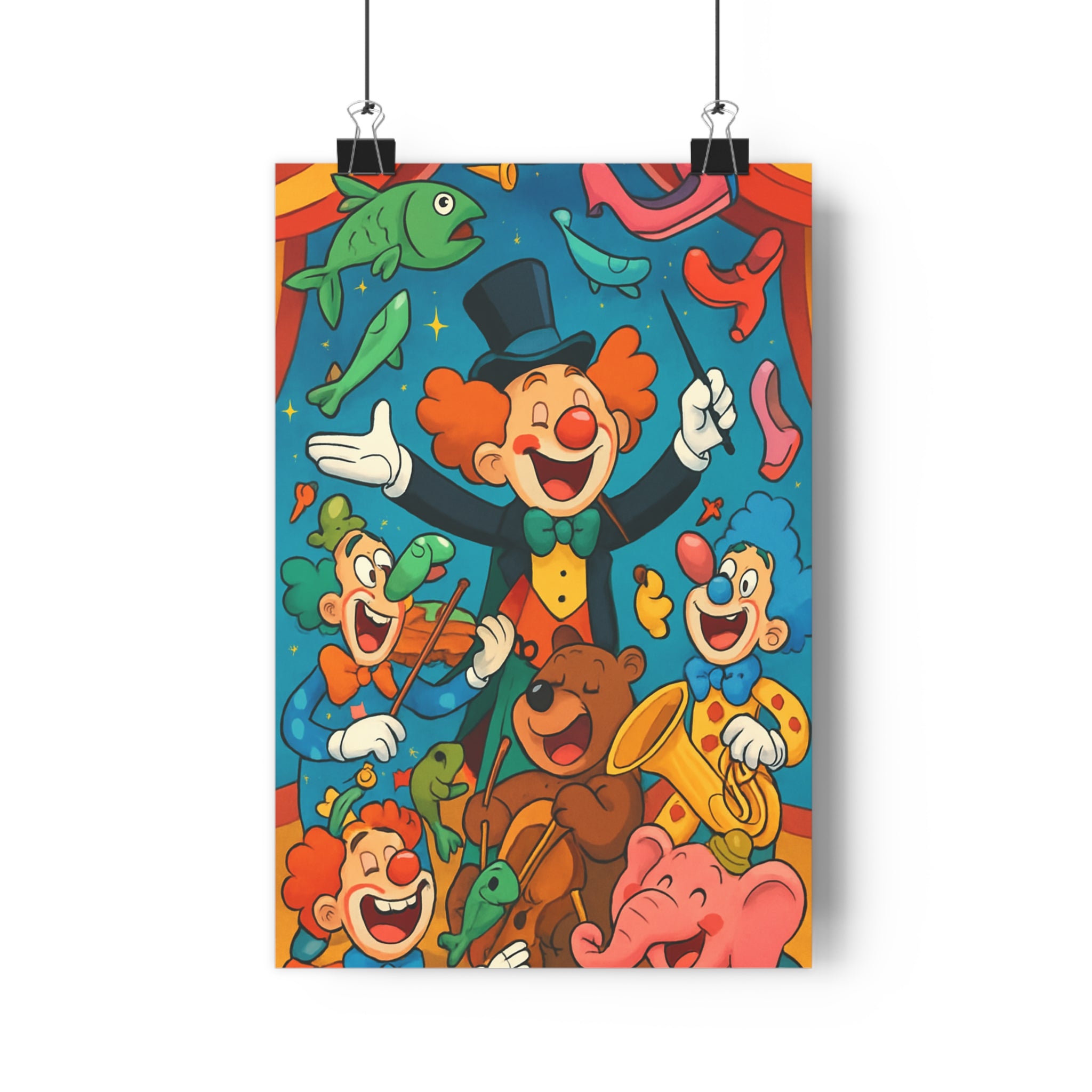 Poster décoratif cartoon joyeux coloré rouge bleu vert enfant chambre amusant animaux clowns éléphant
