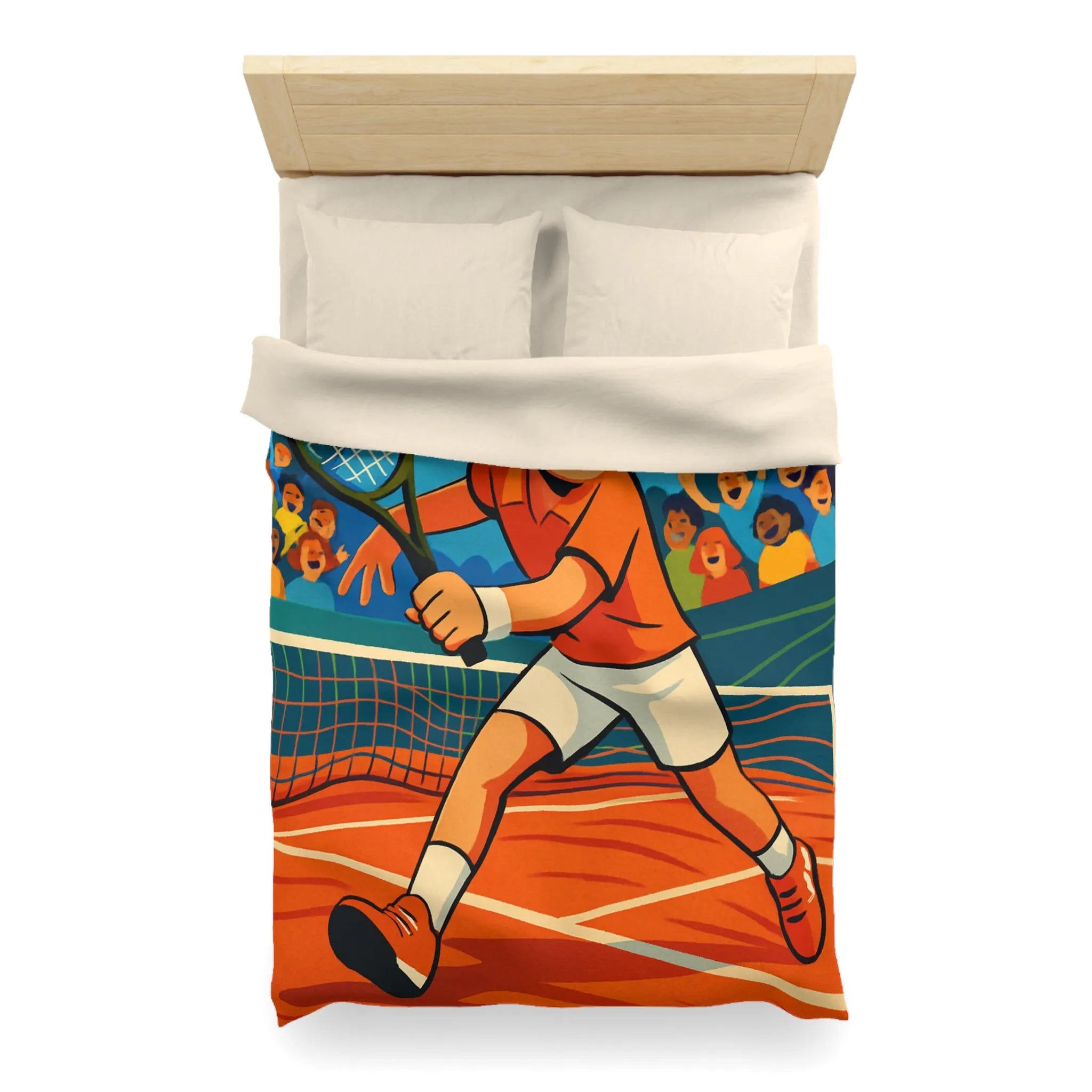 Dessin Animé Joueur de Tennis Dynamique en Action sur Court avec Public Enthousiaste