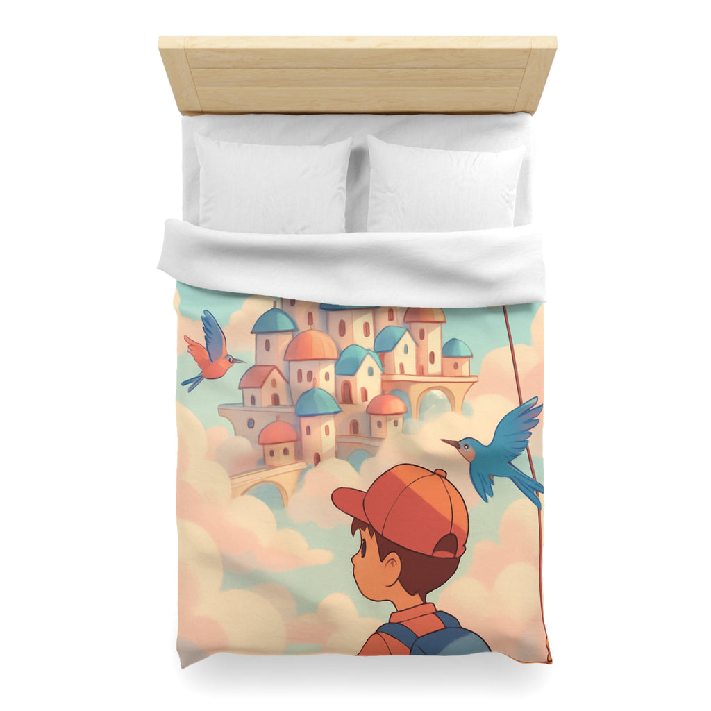 Housse de couette rêveuse avec enfant explorant un château céleste parmi les nuages