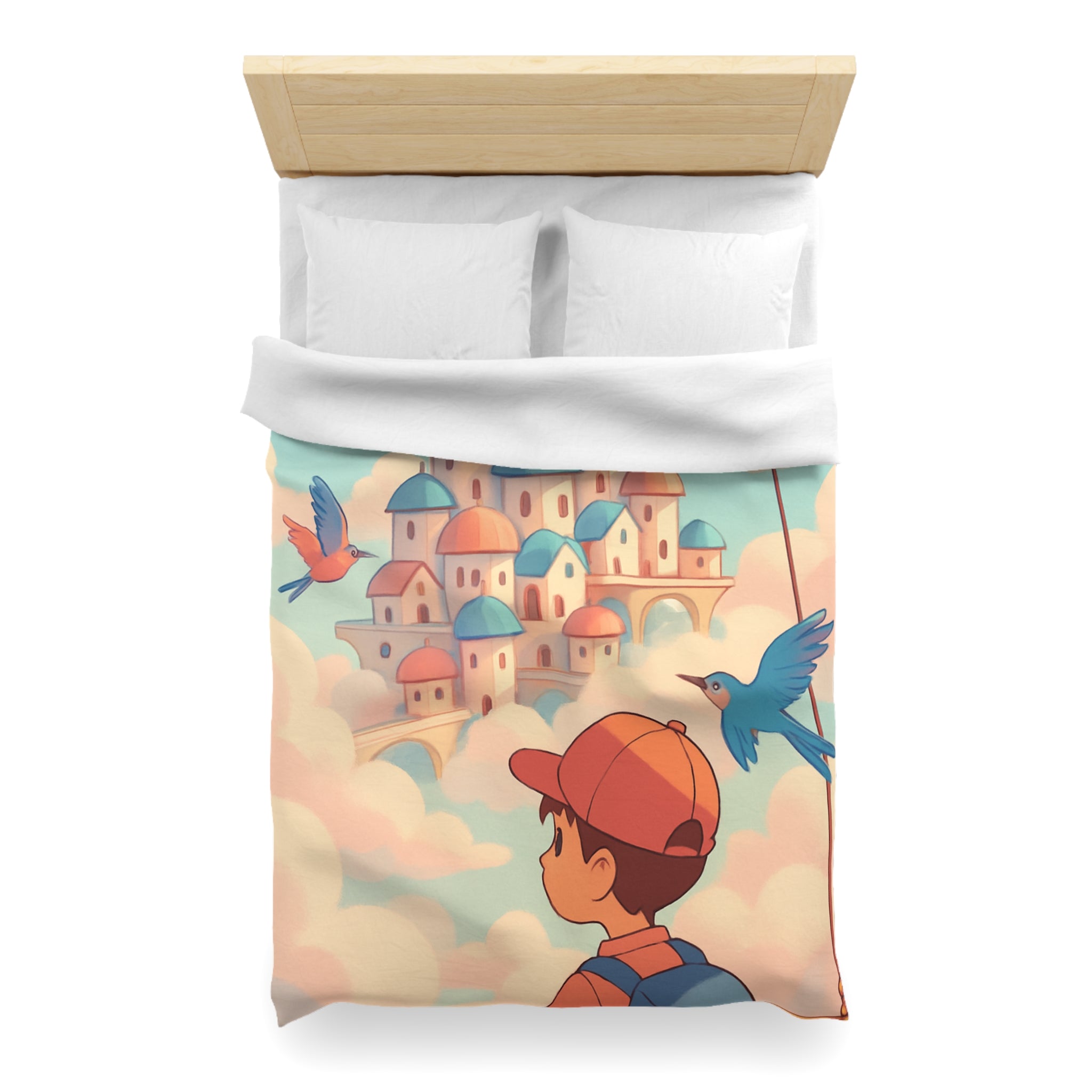 Housse de couette rêveuse avec enfant explorant un château céleste parmi les nuages