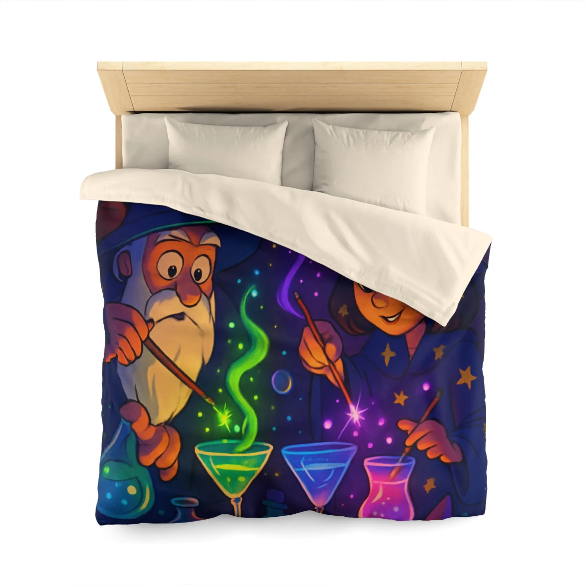 Housse de couette magique avec sorciers et potions dans un atelier enchanteur