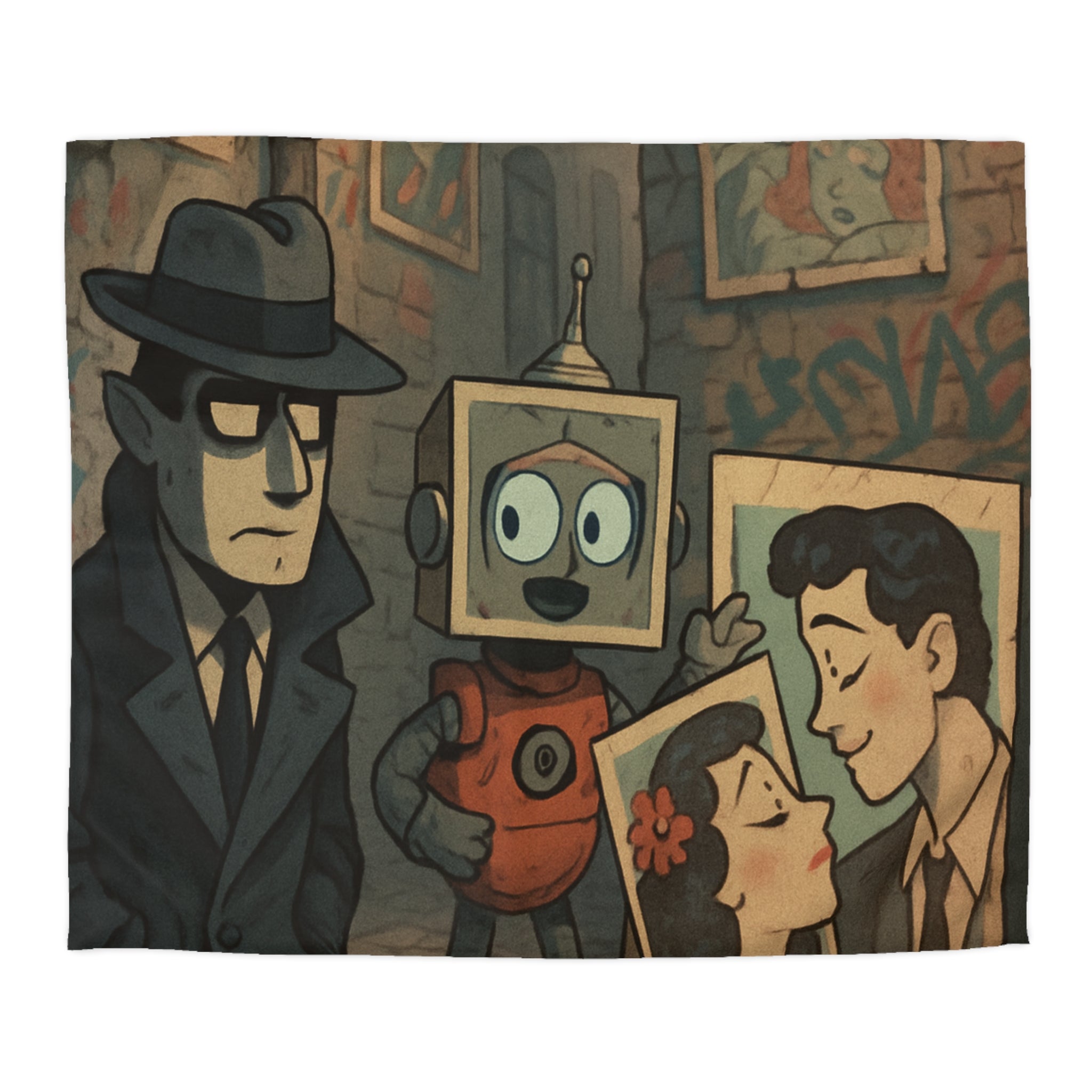 Housse de couette rétro robot vintage, style pop art, ambiance urbaine et romantique