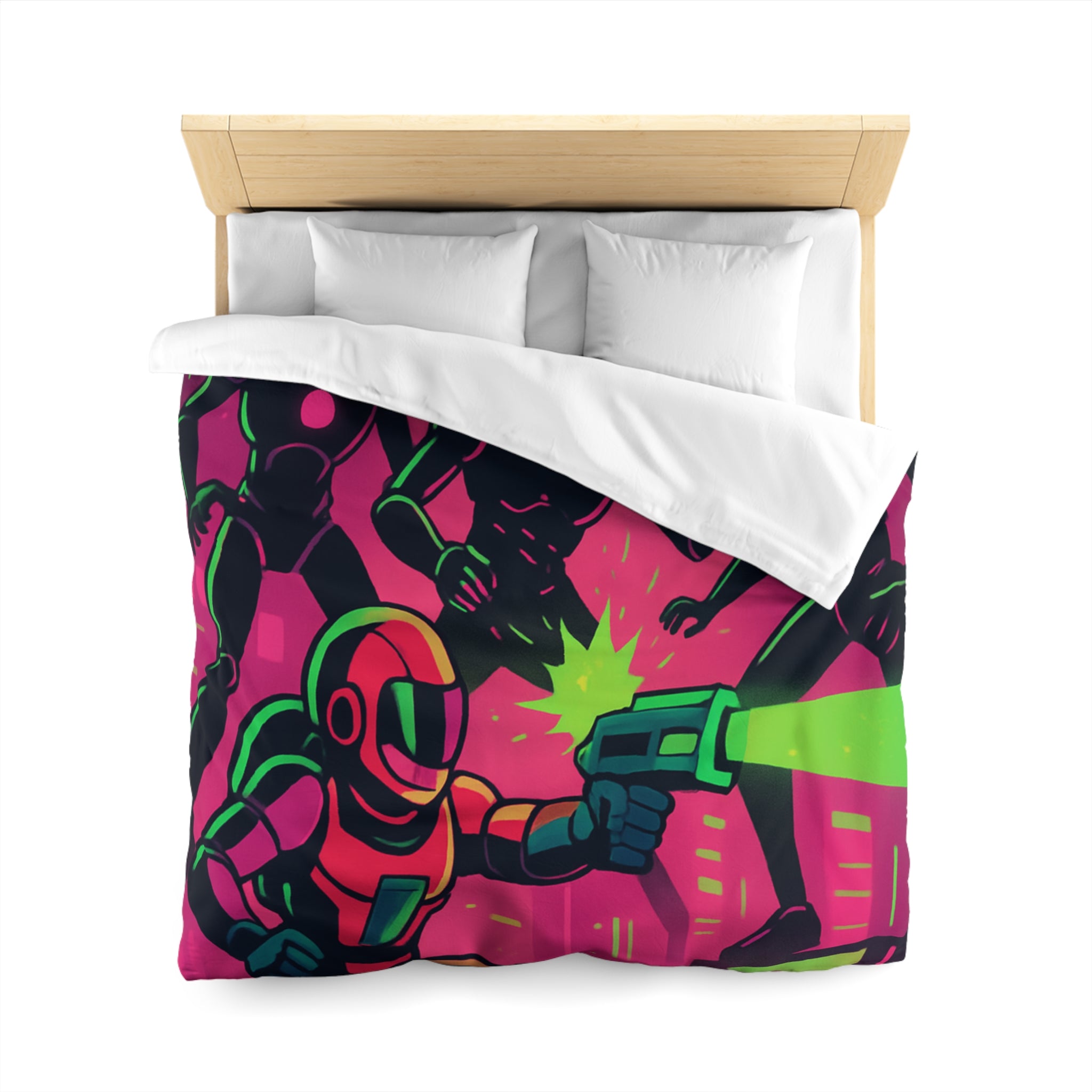 Housse de couette néon futuriste avec combat spatial, designs vifs rétro et cyberpunk