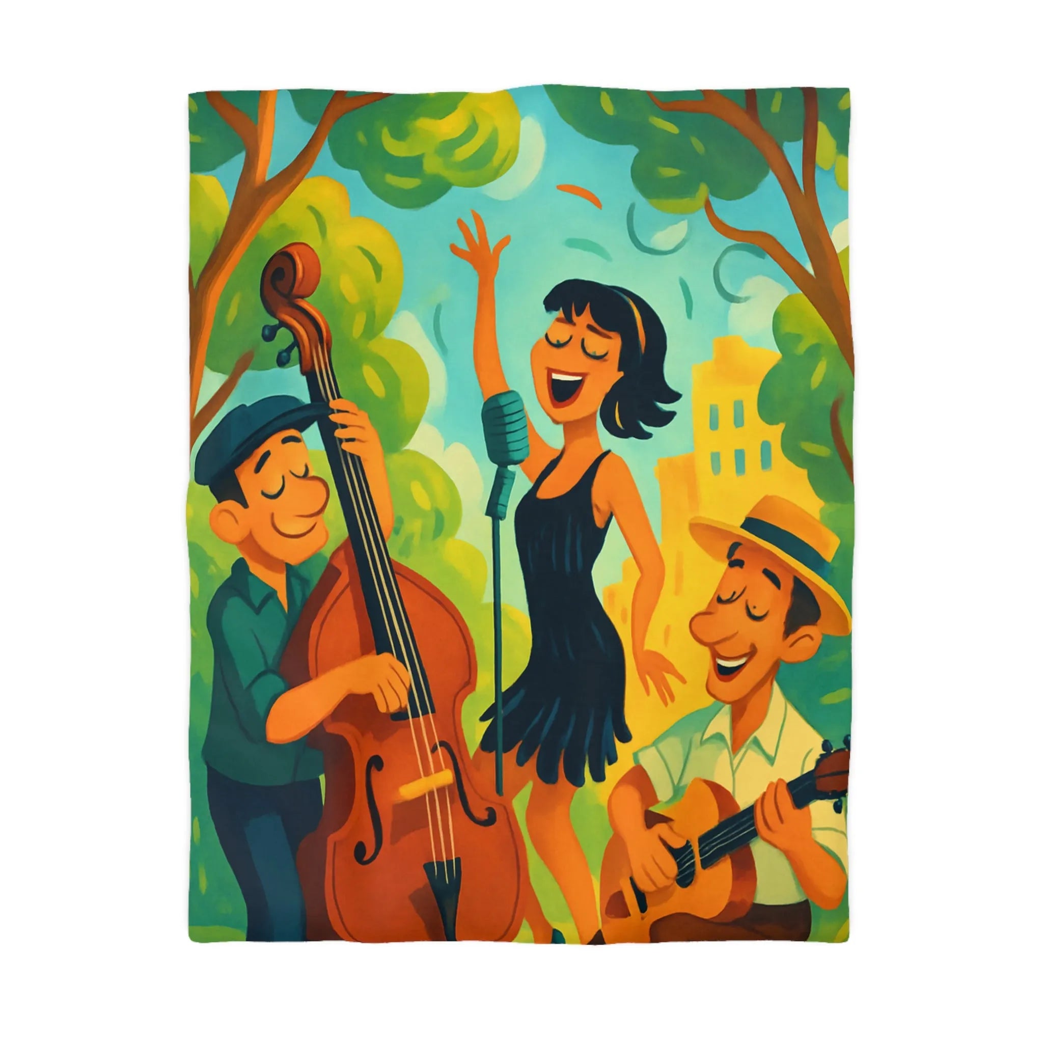 Housse de couette colorée avec scène musicale rétro dans un parc ensoleillé