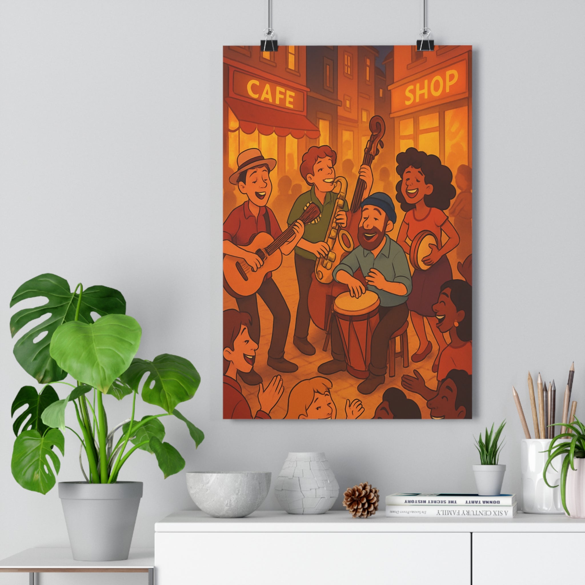 Poster décoratif cartoon couleurs chaudes orange rouge ambiance joyeuse salon musique animation dynamique original