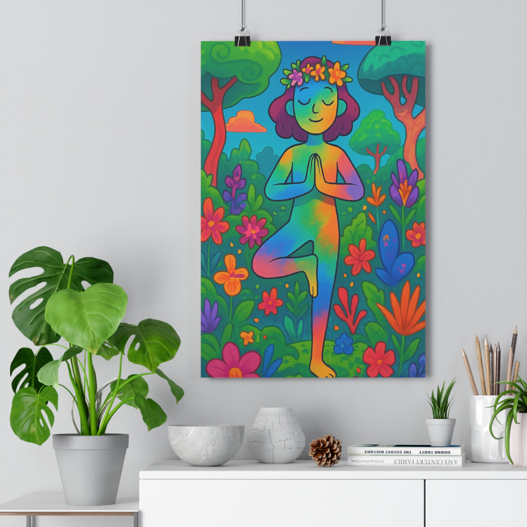 Poster décoratif floral yoga cartoon vert bleu rose joyeux sérénité salon chambre bureau surréaliste