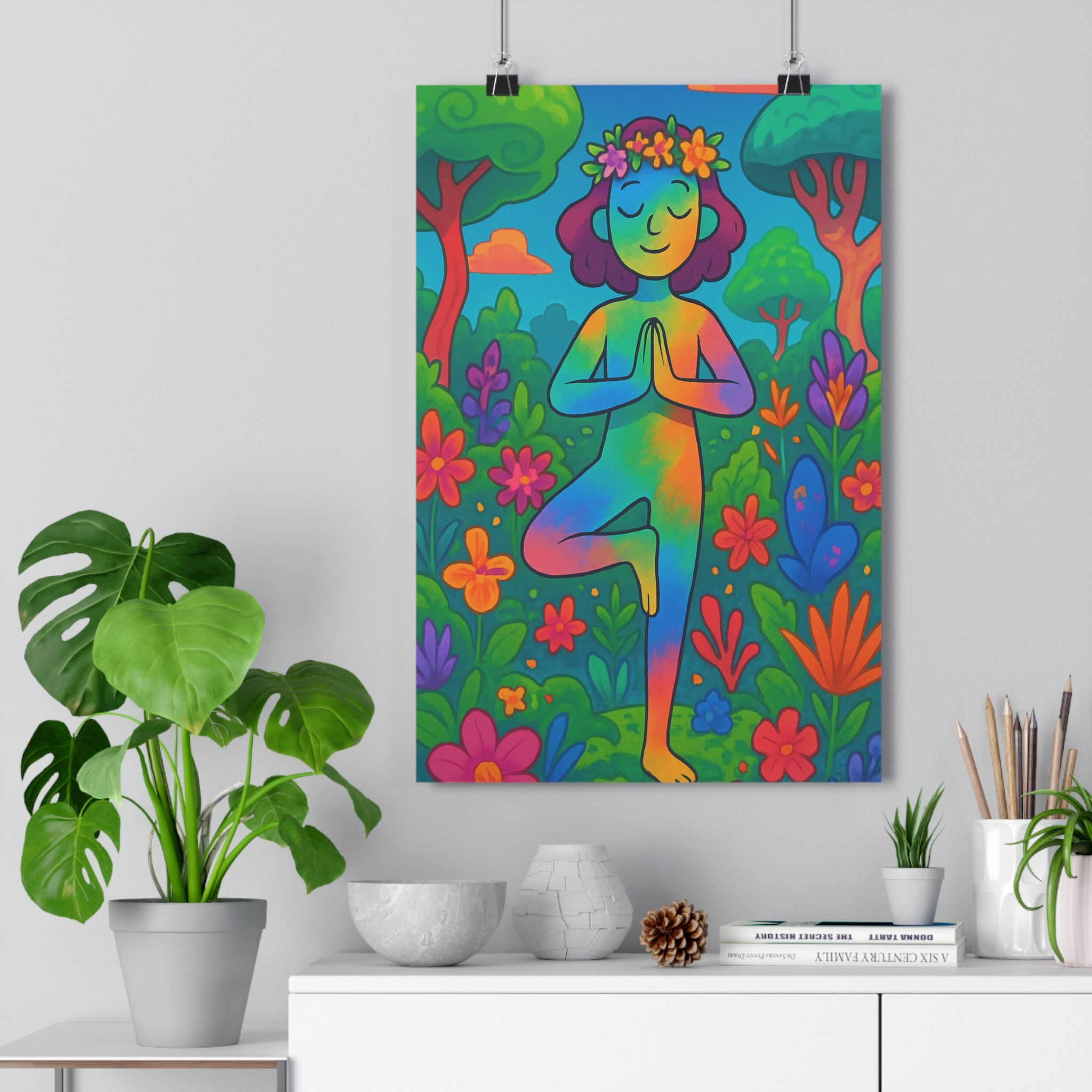 Poster décoratif floral yoga cartoon vert bleu rose joyeux sérénité salon chambre bureau surréaliste
