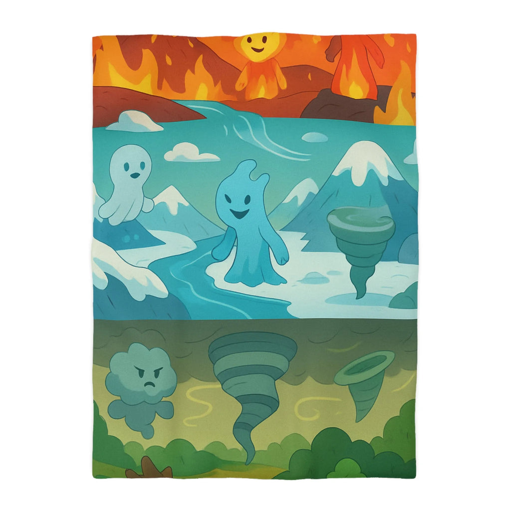 Housse de couette illustrant esprits élémentaires dans des paysages fantastiques vibrants et colorés
