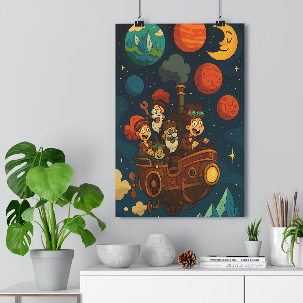 Poster décoratif aventure coloré steampunk rétrofuturiste joyeux chambre enfant ludique cosmique dessin animé qualité