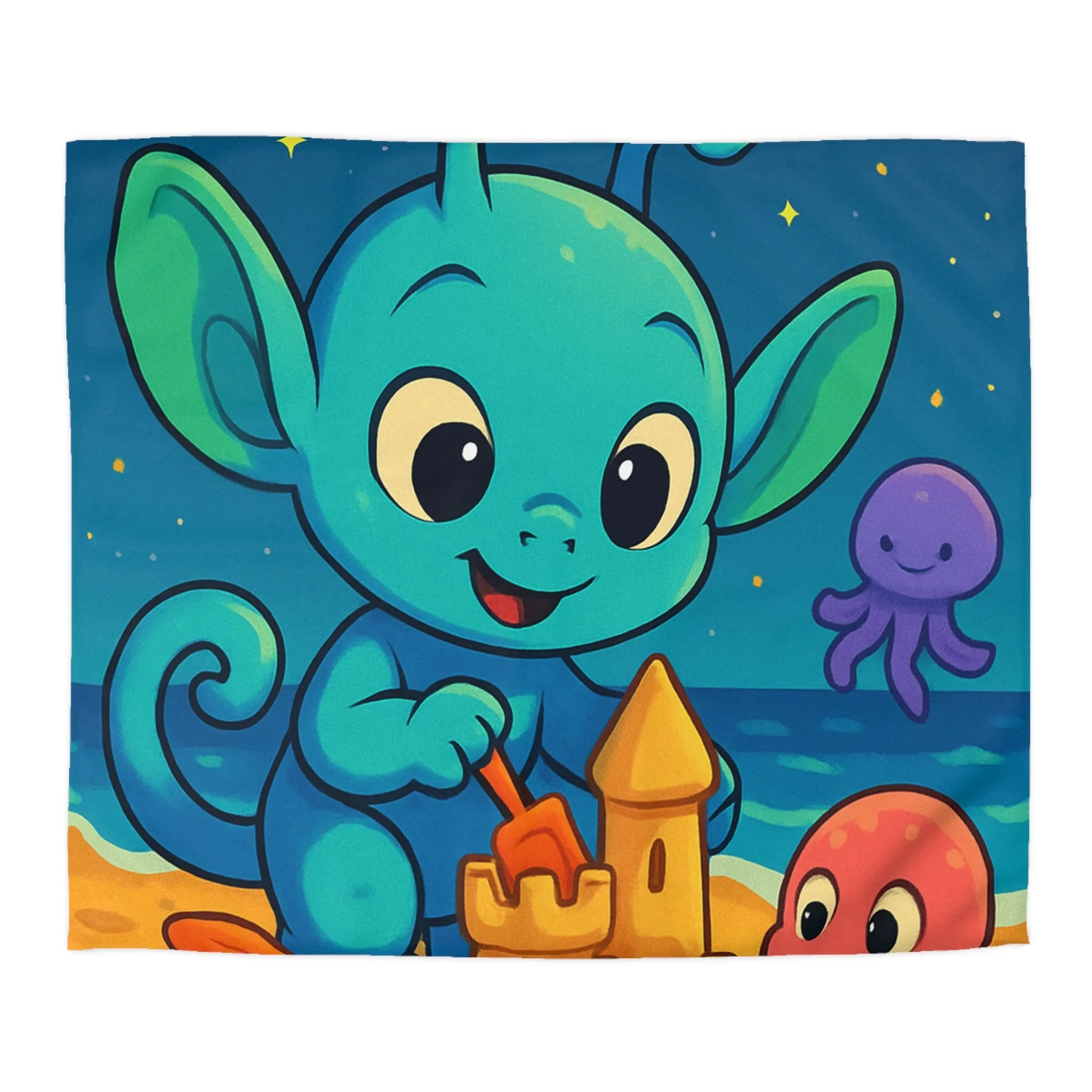 Housse de couette enfant avec créature bleue construisant un château de sable amusant