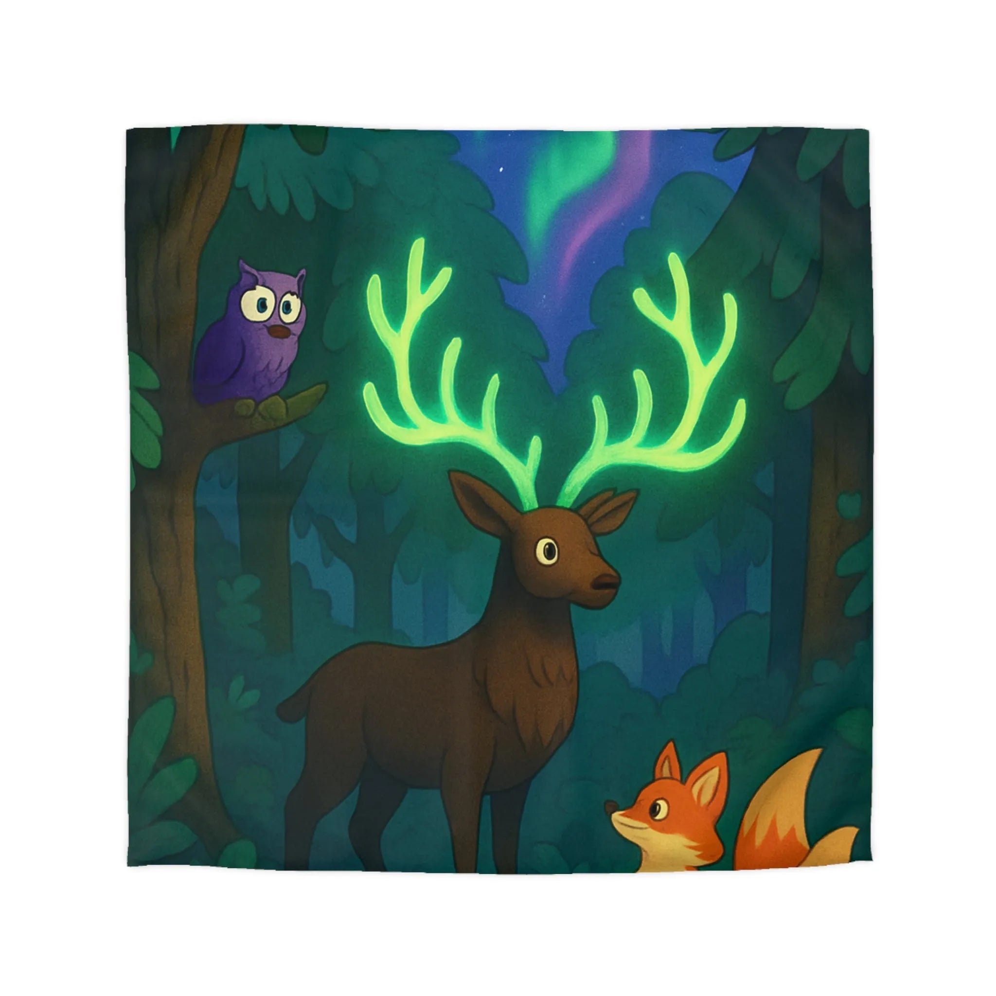 Housse de couette forêt magique avec cerf lumineux, renard et chouette colorée