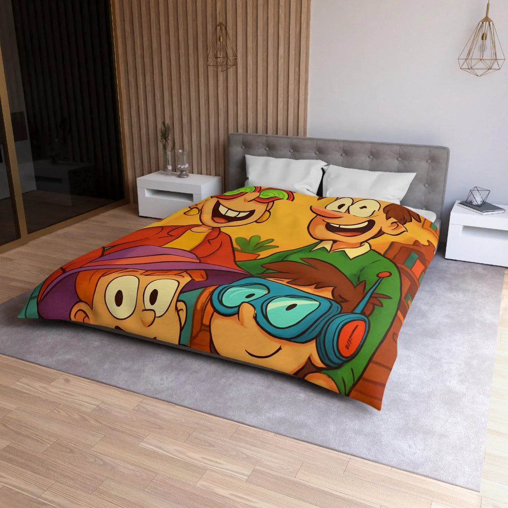 Housse de couette joyeuse avec une famille amusante et colorée, lunettes originales