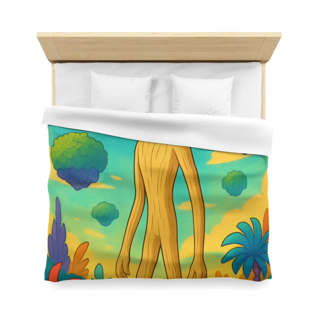 Housse de couette enchanteresse avec paysage coloré, créature en bois et papillons