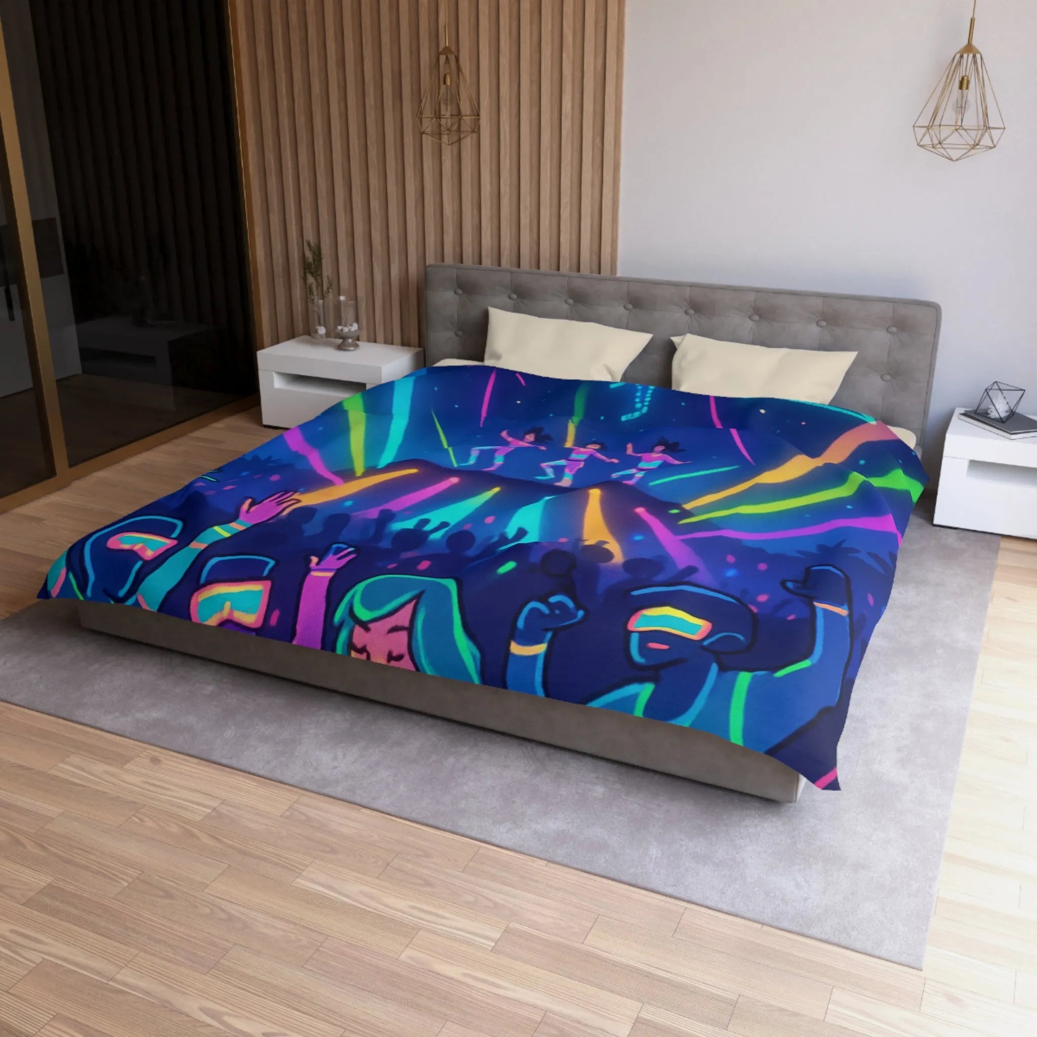 Housse de Couette Lumineuse à Motif Danse Futuriste et Éléments Cosmiques Néon