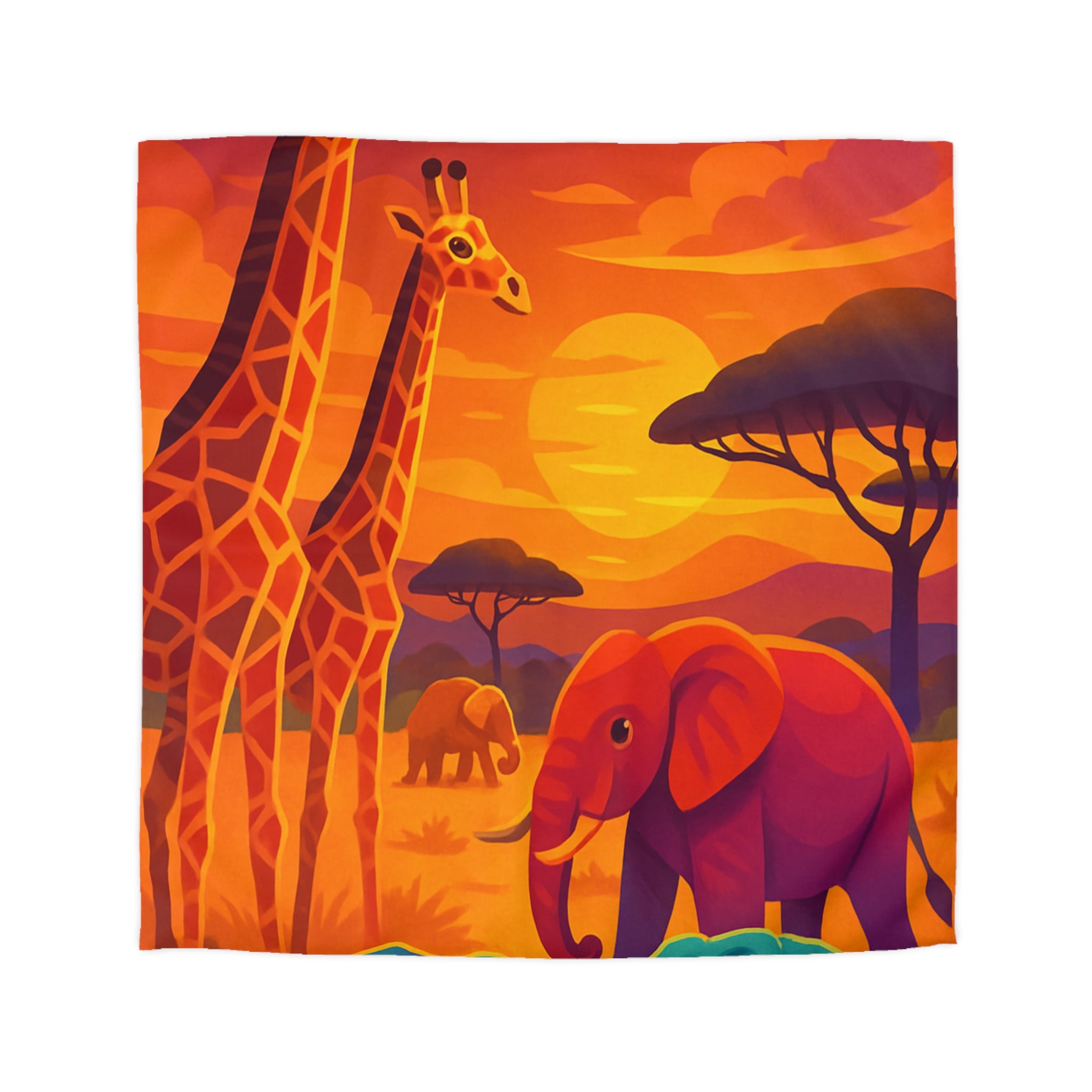 Housse de couette savane colorée avec éléphants et girafes sous coucher de soleil