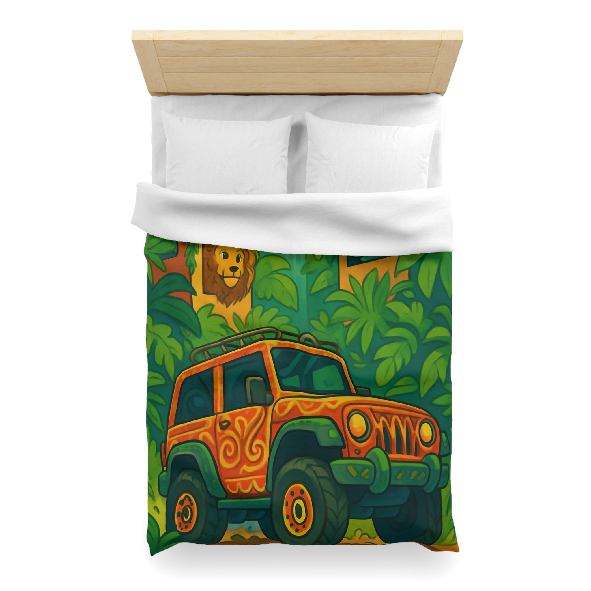 Housse de couette vibrante jungle aventure avec animaux et véhicule tout-terrain colorés