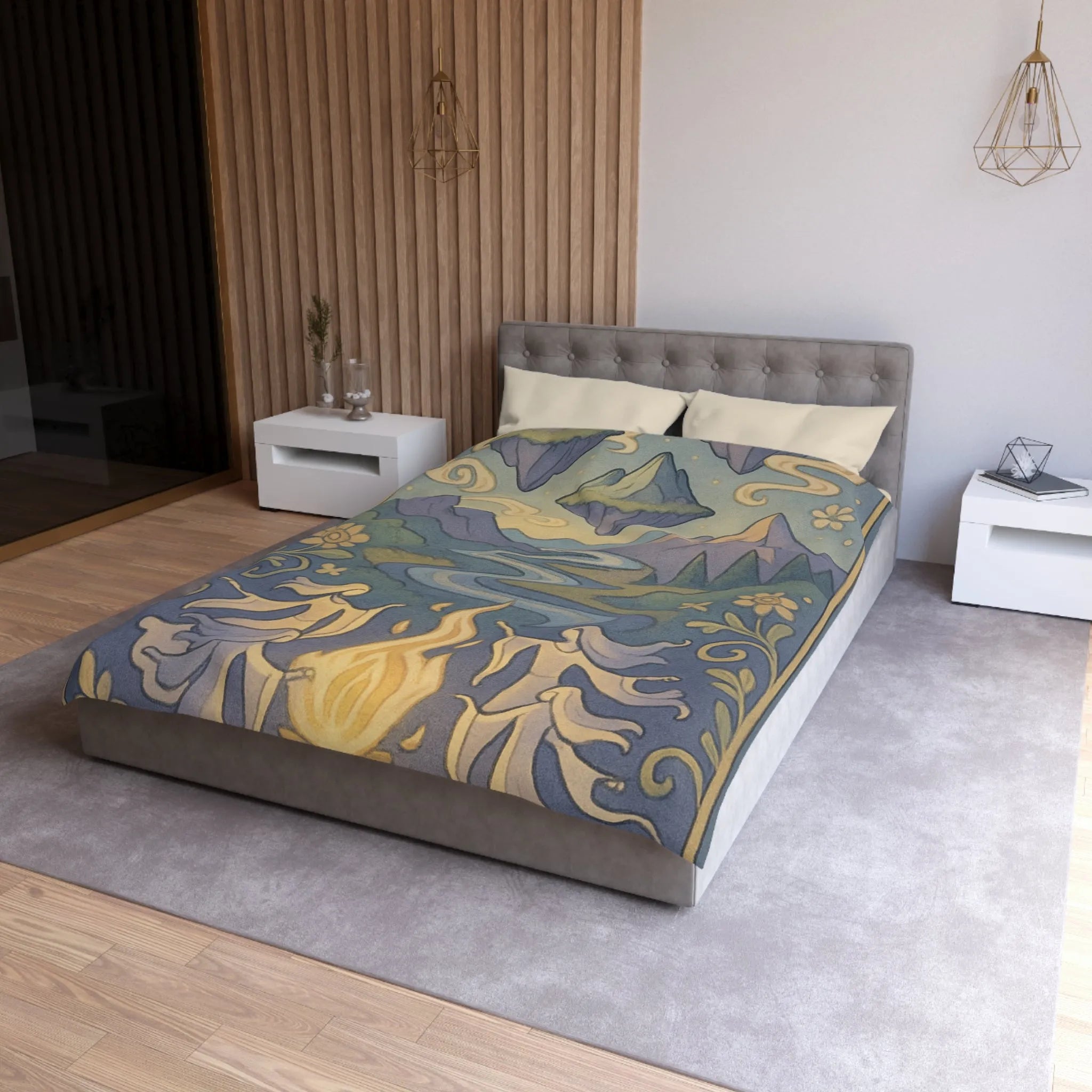 Housse de couette artistique avec montagnes flottantes et paysage féerique sous les étoiles