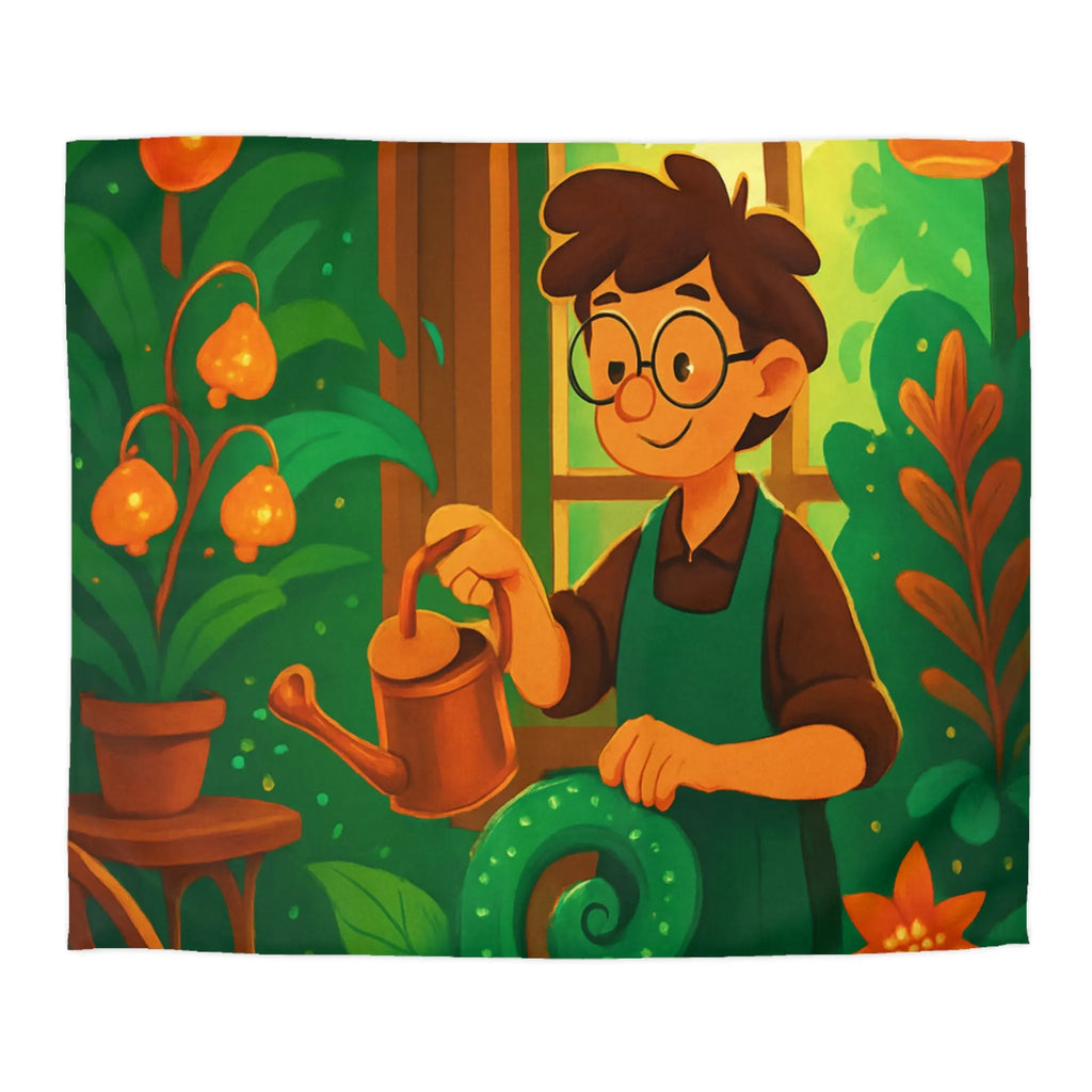 Housse de couette colorée avec illustration botanique d'intérieur et personnage jardinier animé