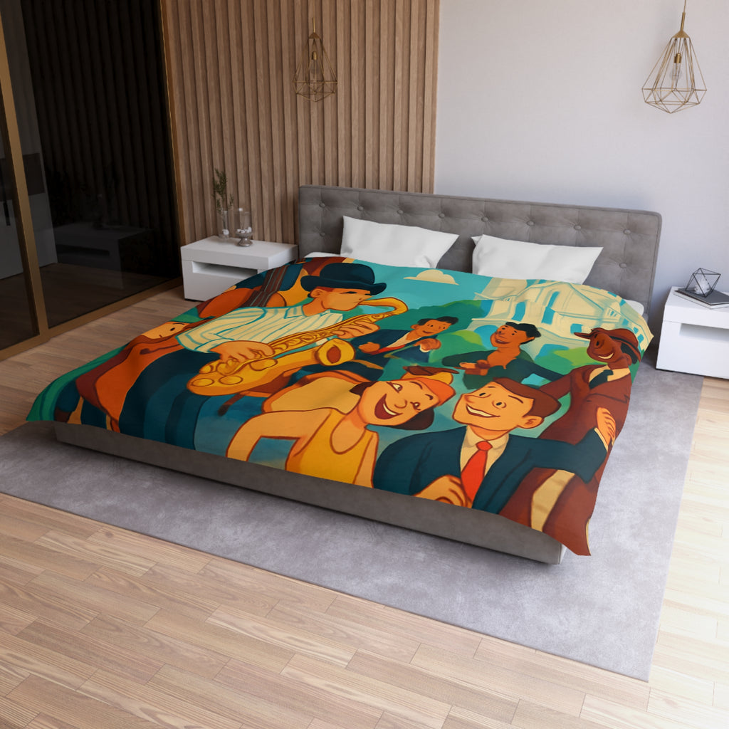 Housse de couette vintage avec scène de musique jazz animée et danse joyeuse