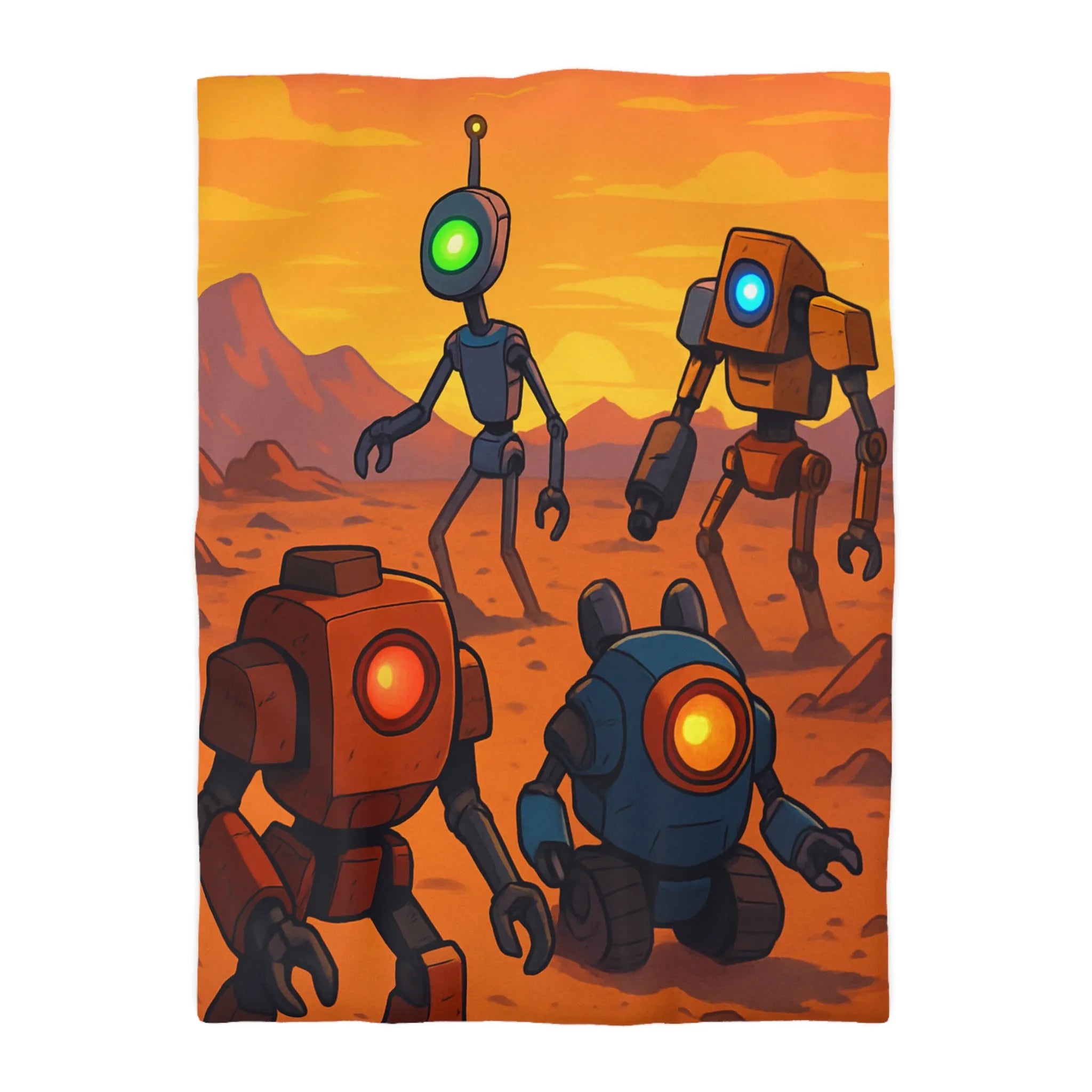 Housse de couette avec robots colorés dans un paysage désertique au coucher du soleil