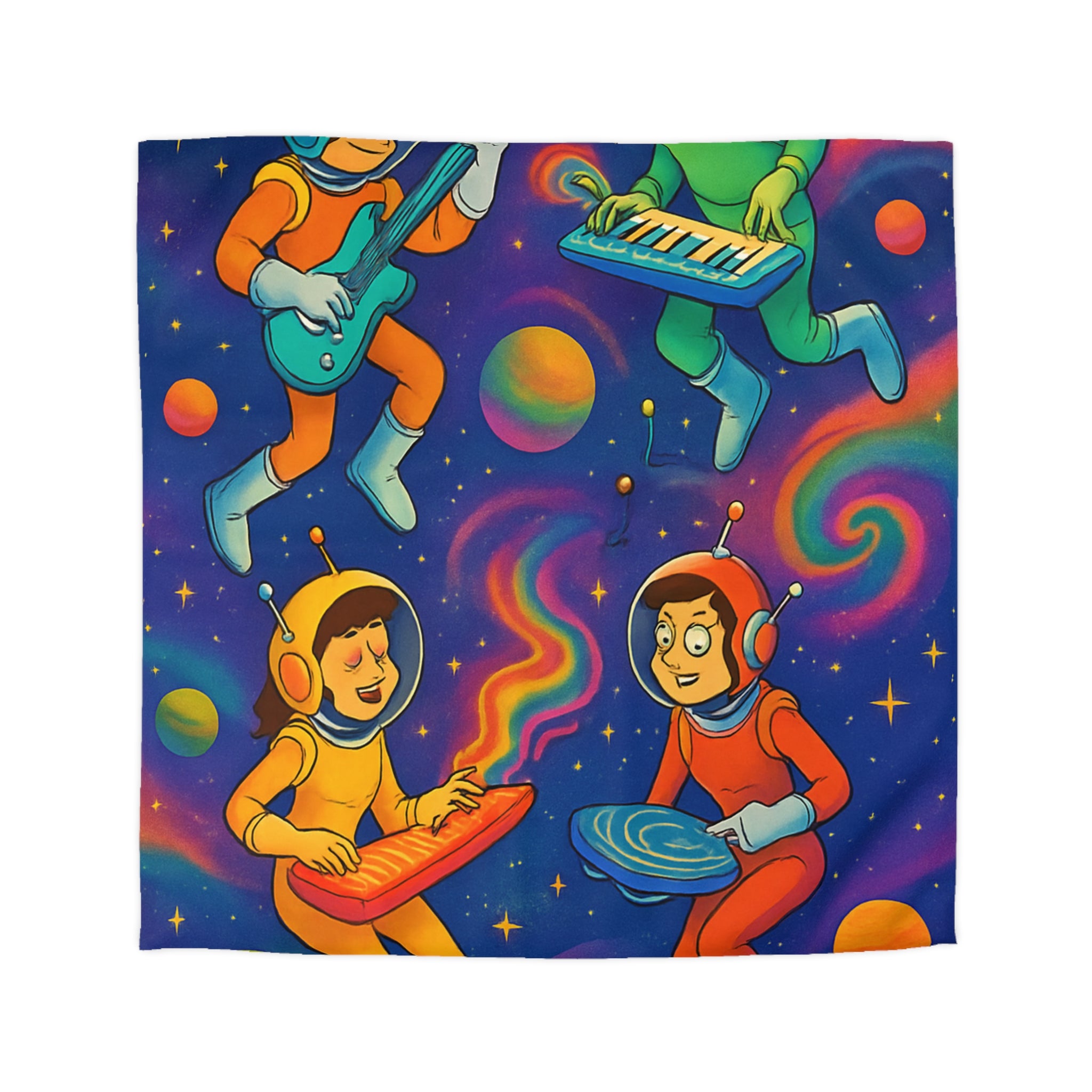 Housse de Couette Spatiale Psychédélique avec Astronautes Musiciens et Planètes Colorées