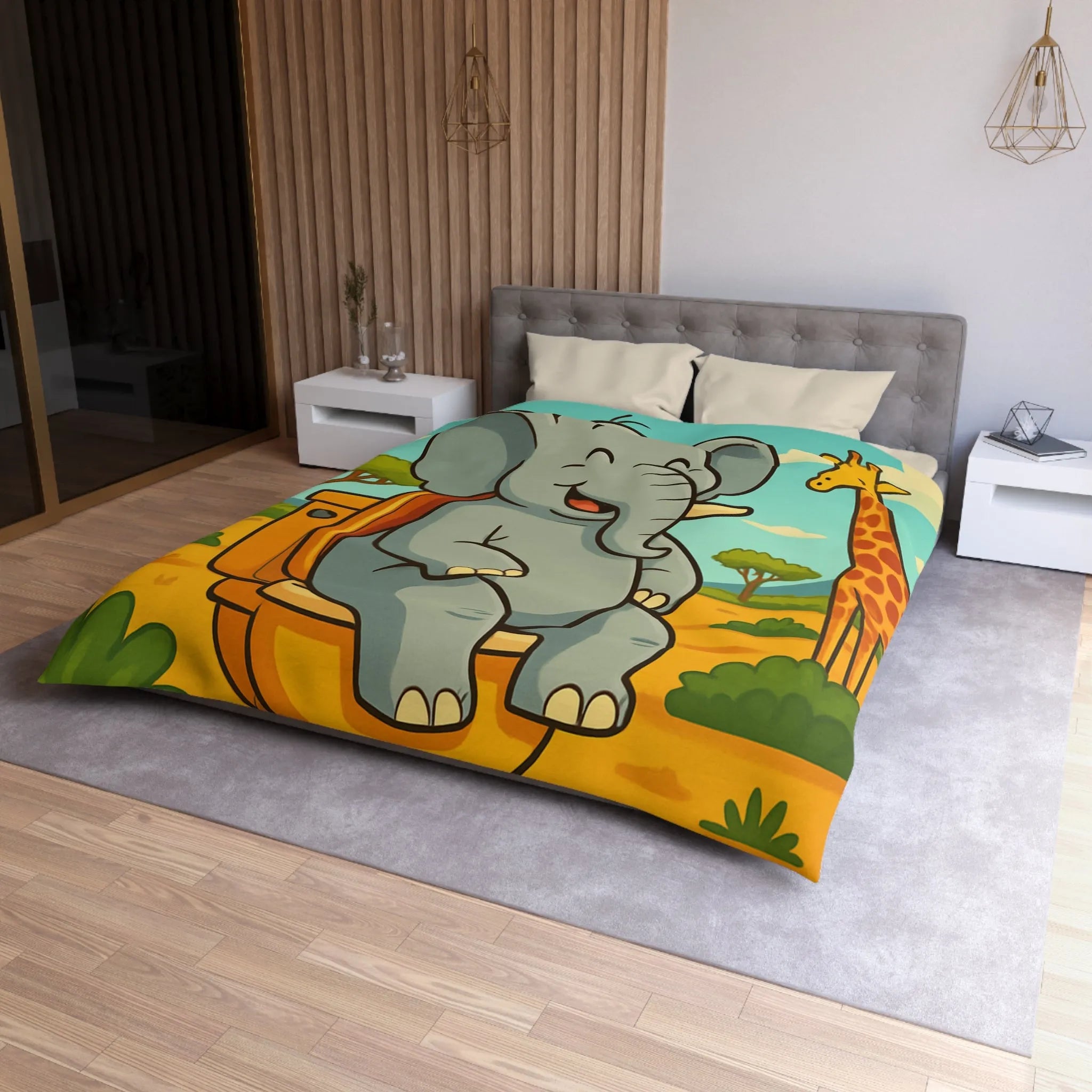 Housse de couette joyeuse éléphant sur toilettes en pleine savane colorée