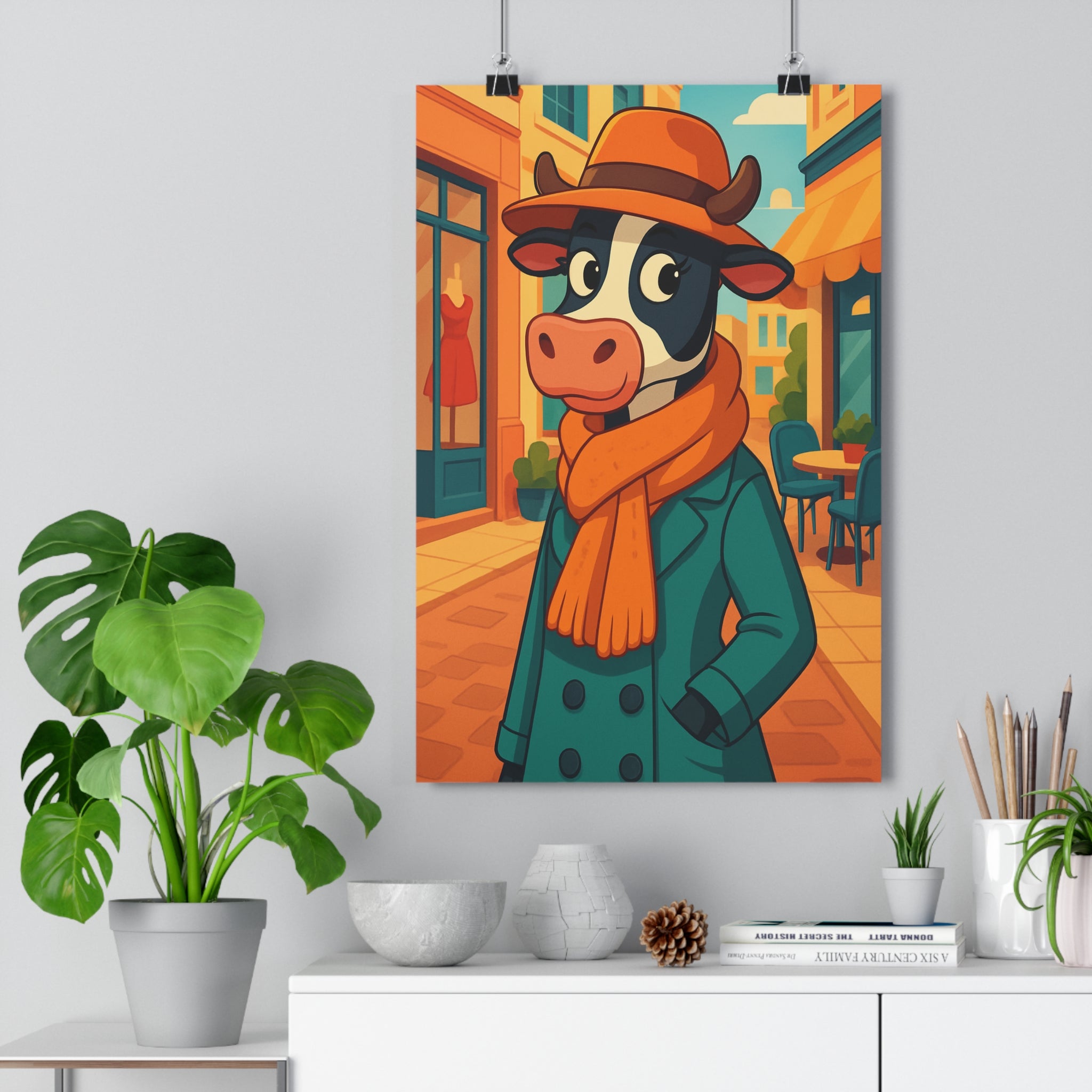 Poster décoratif moderne vache styliste chic vert orange cartoon joyeux intérieur salon chambre 30x46