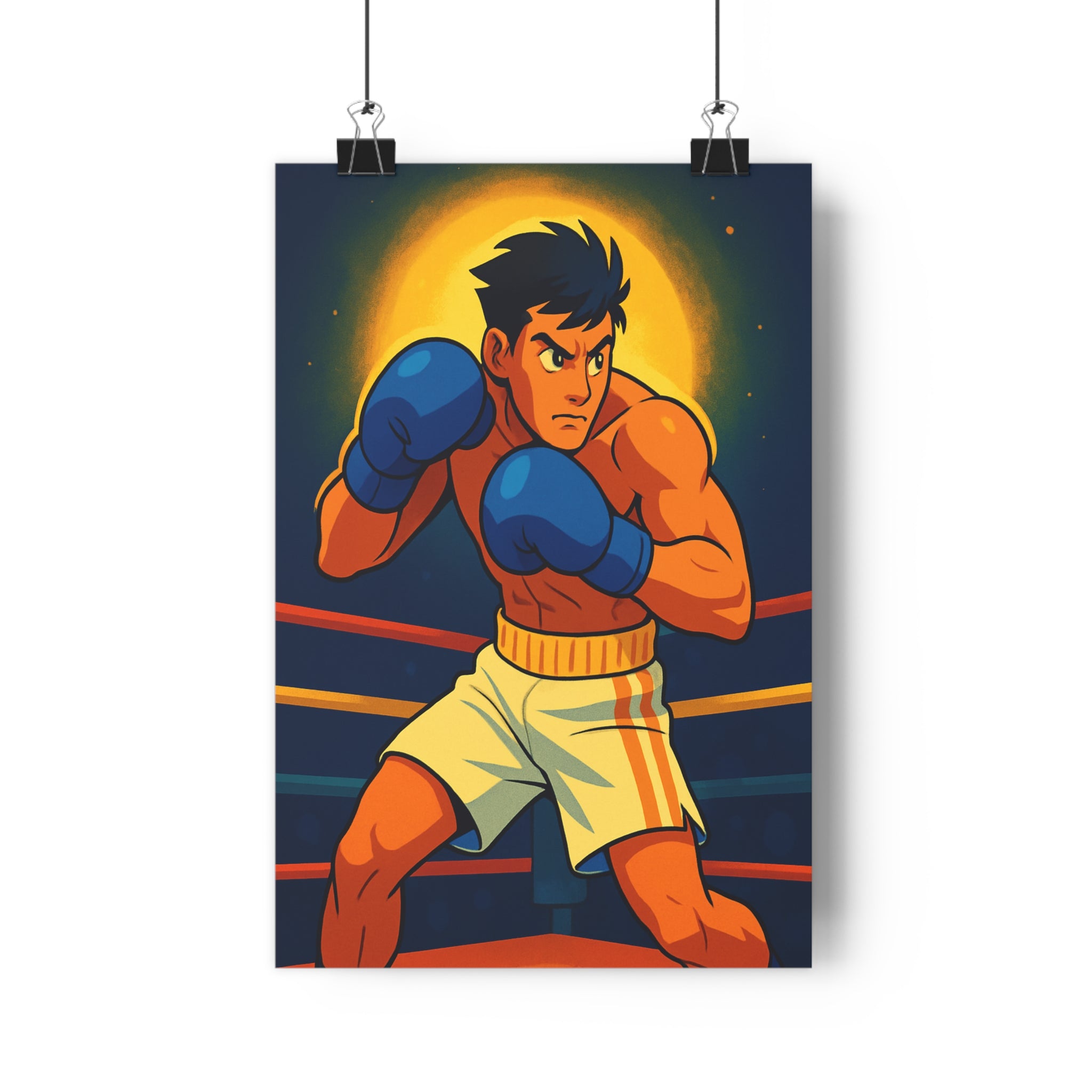 Poster décoratif anime sportif boxeur bleu jaune orange dynamique chambre énergie détermination art moderne