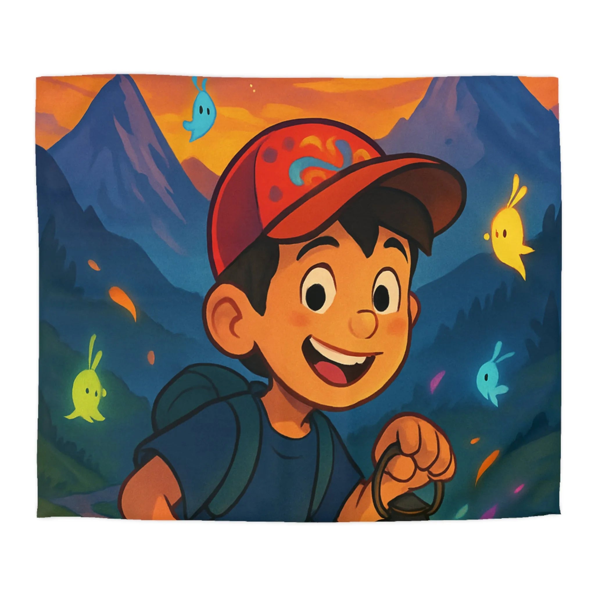 Housse de couette aventure enfantine avec lanterne magique et montagnes colorées au crépuscule