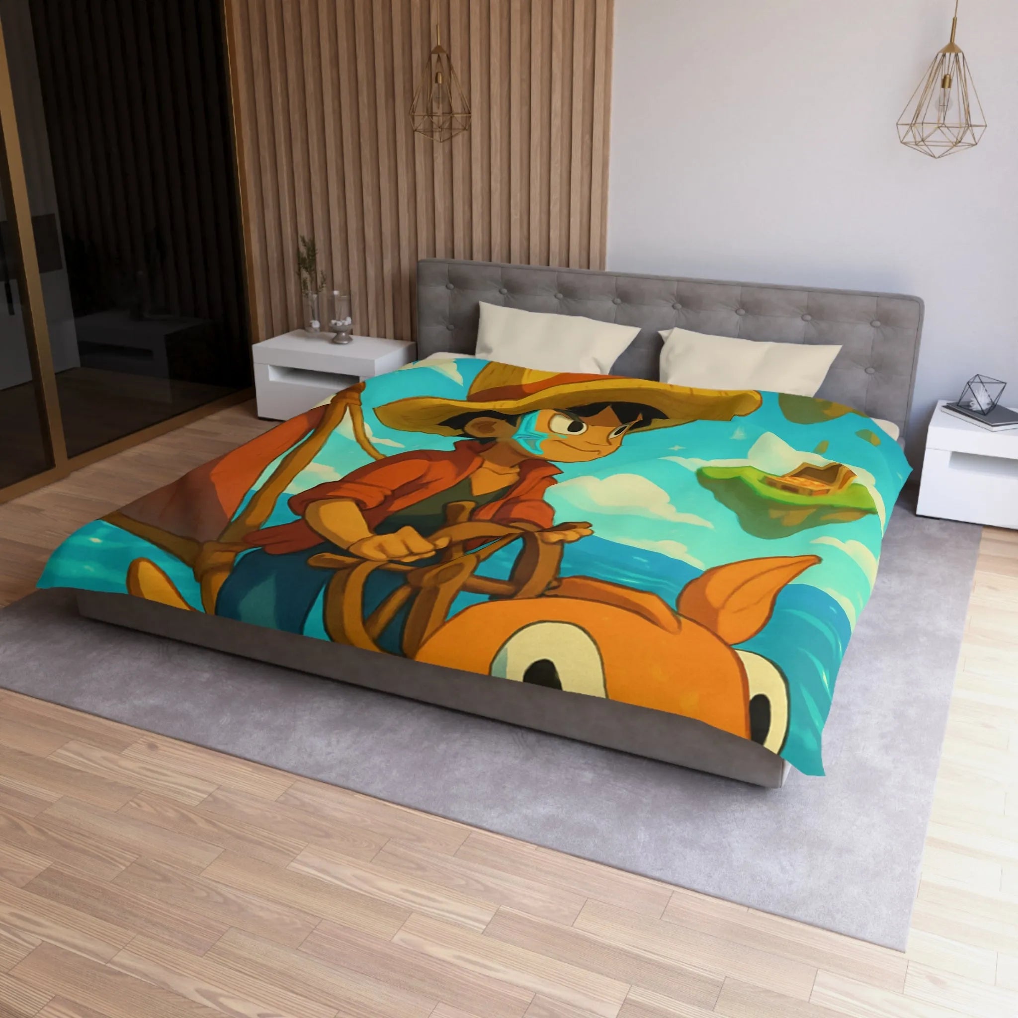 Housse de couette embarcation colorée sur océan turquoise avec îles flottantes et trésors