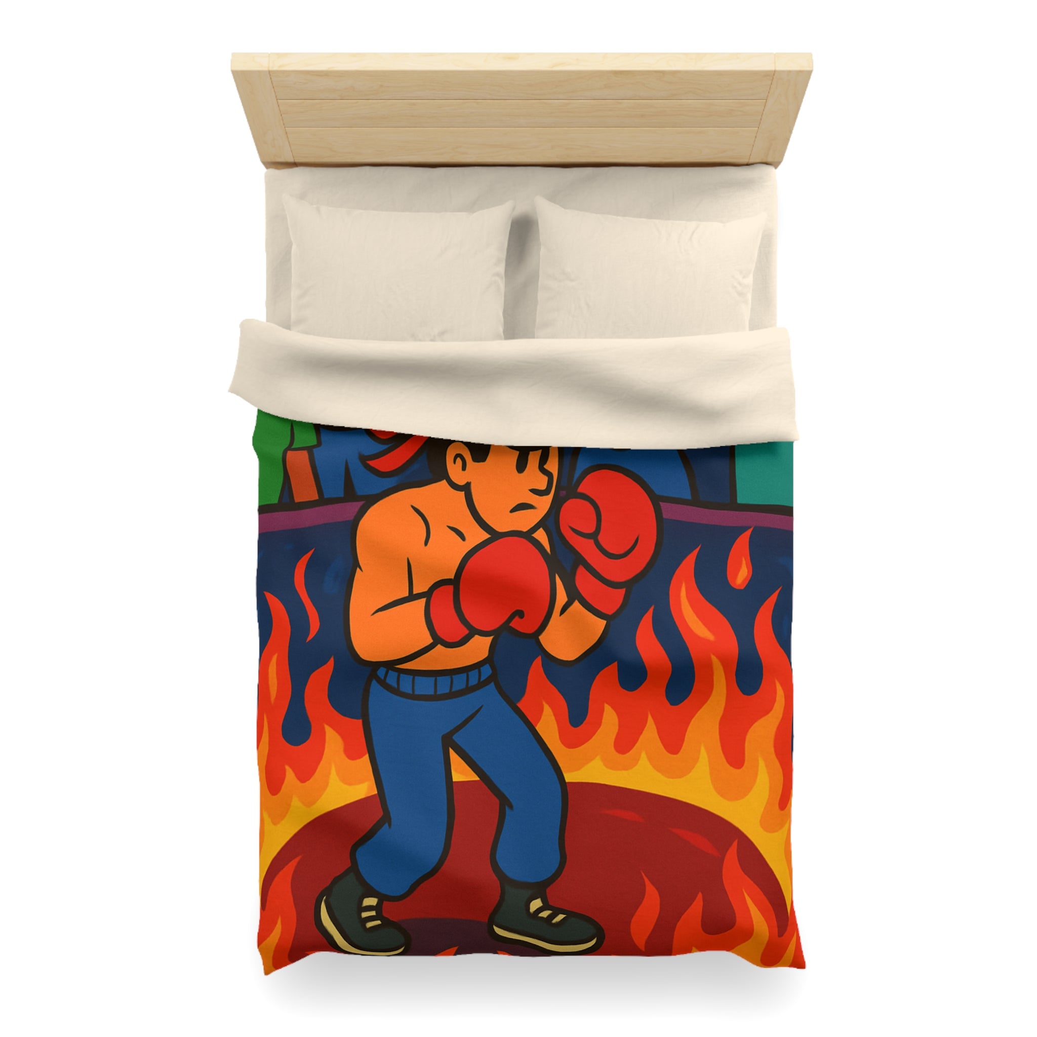 Housse de couette originale avec boxeur entouré de flammes et foule colorée