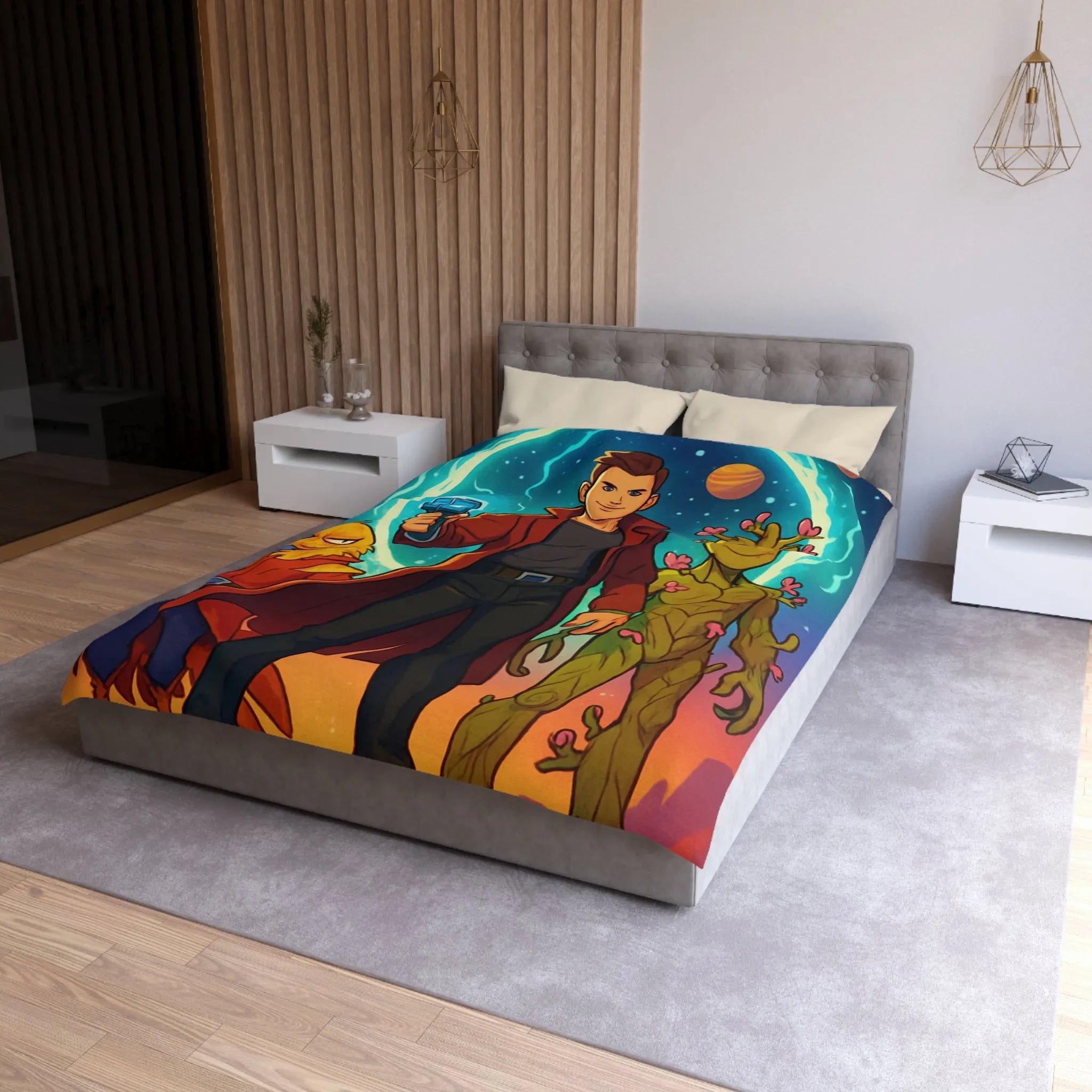 Housse de couette espace avec personnages héroïques colorés et univers rétro futuriste