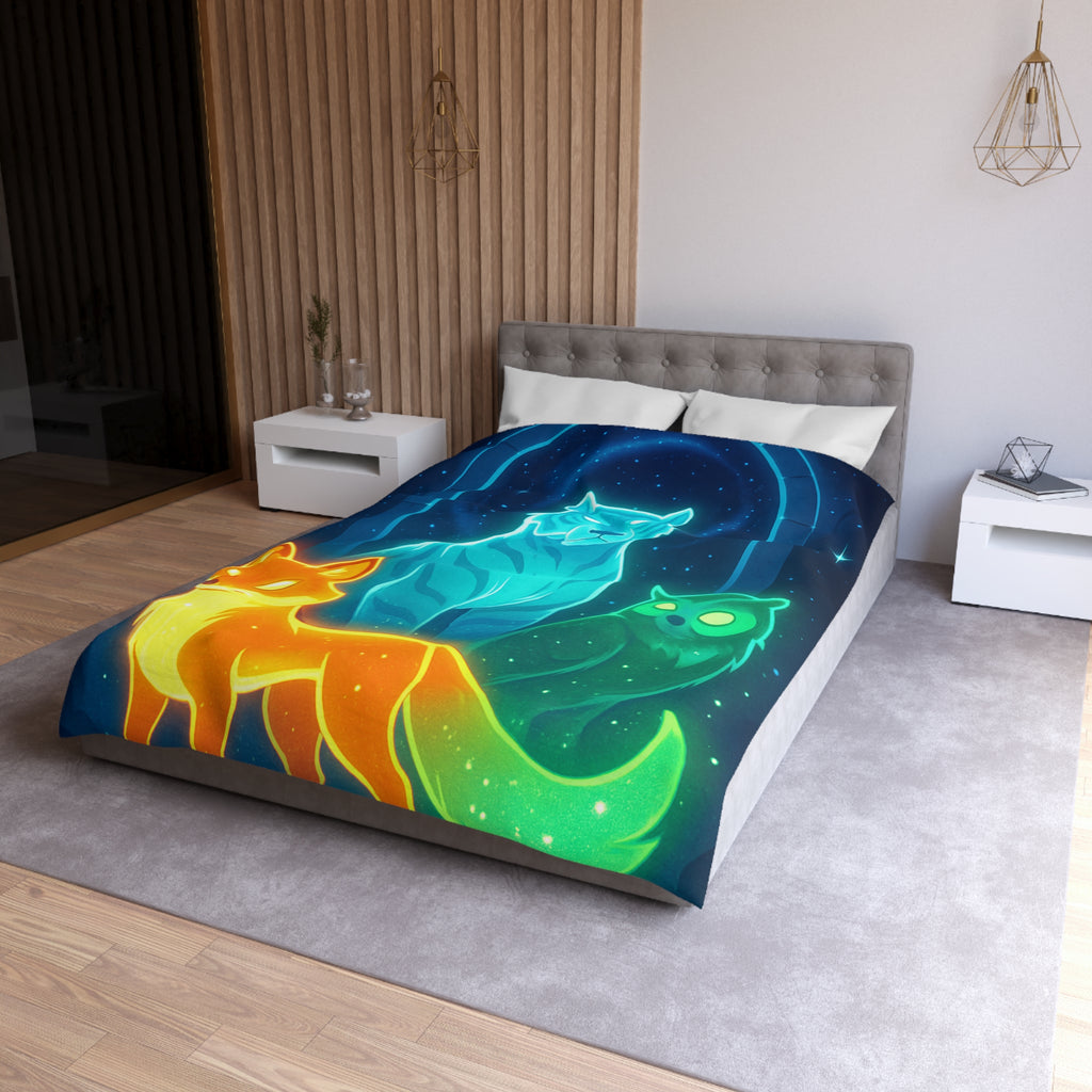 Mystérieuse housse de couette avec renard orange, tigre bleu, et hibou lumineux