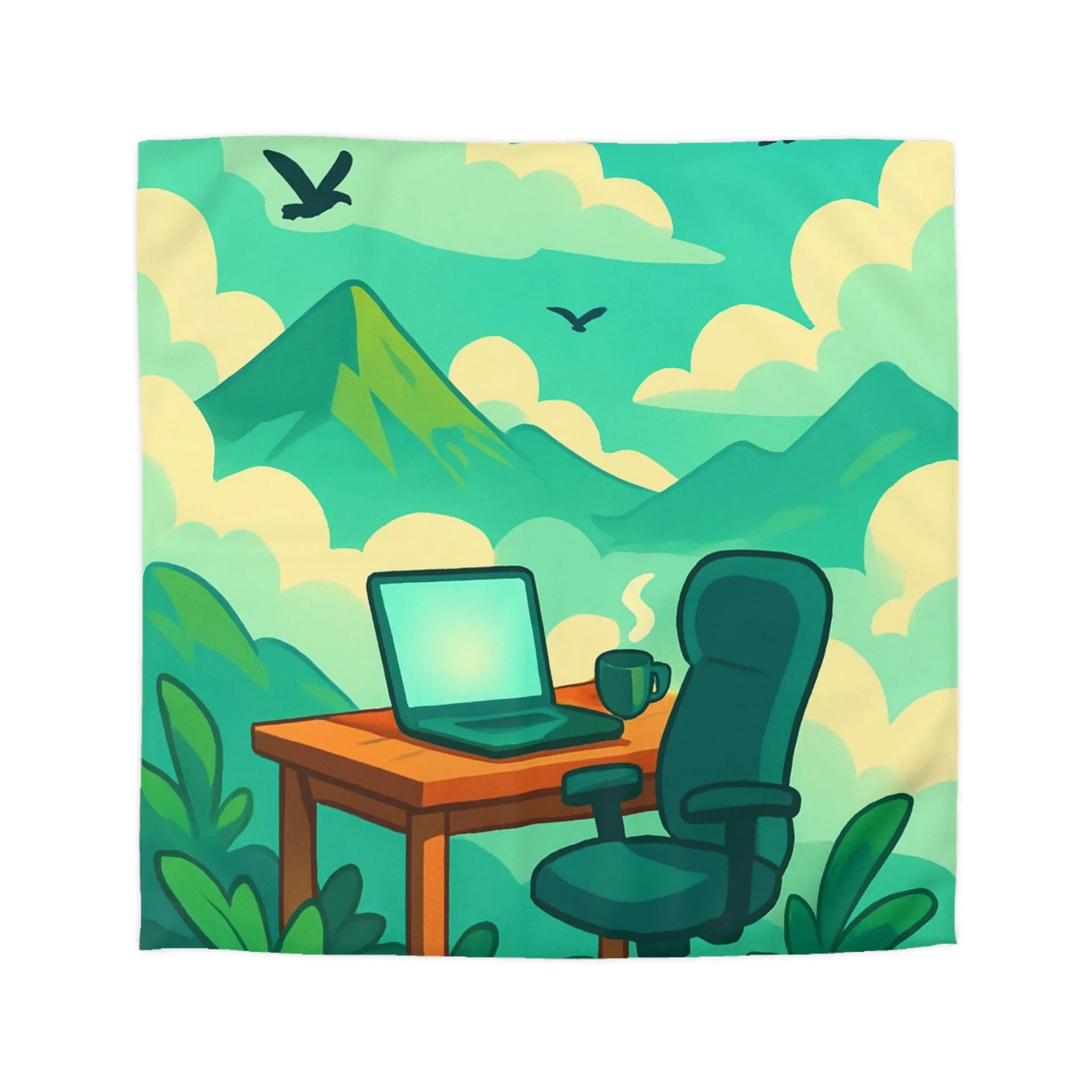 Housse de couette avec paysage de montagne, nature verdoyante, bureau et ciel serein