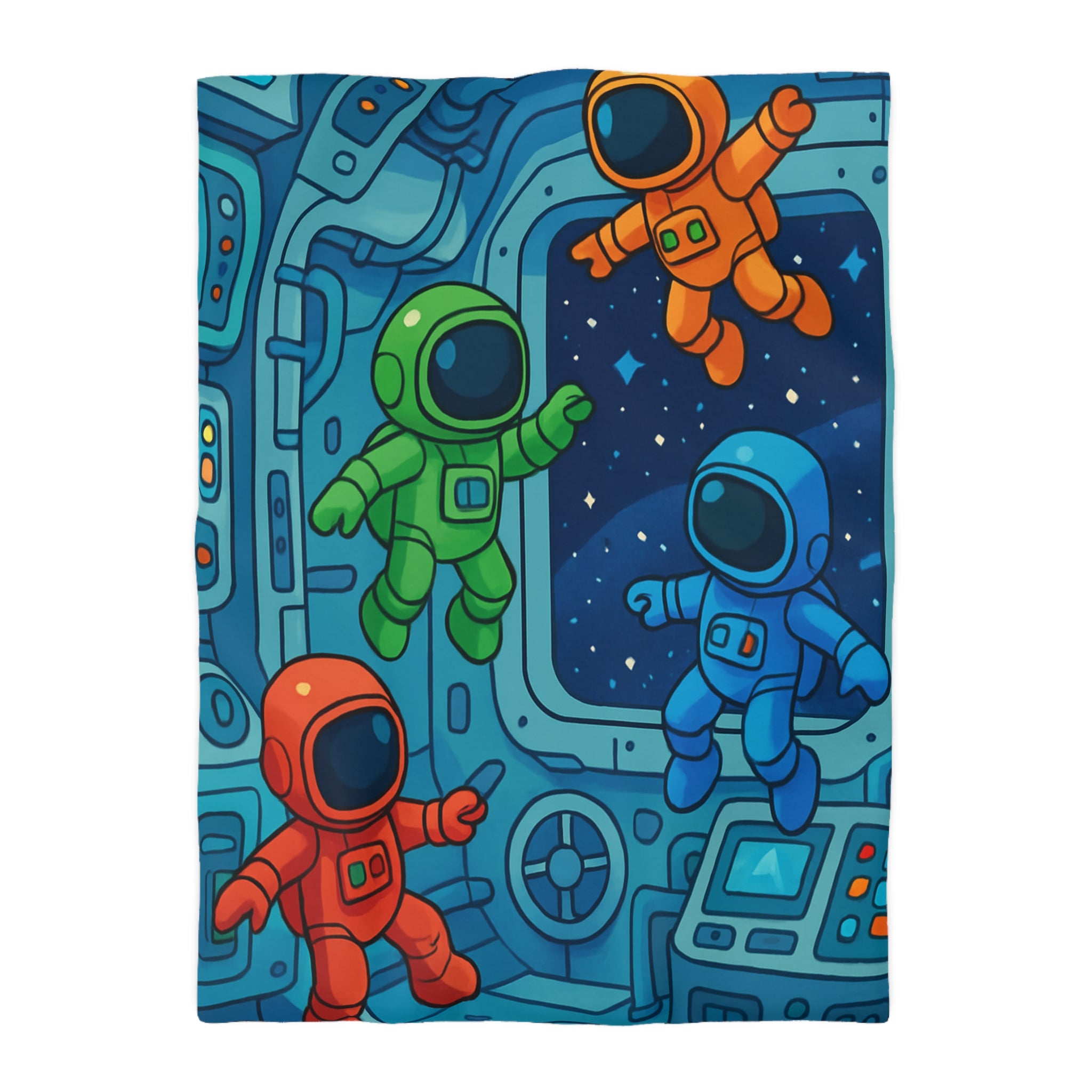 Quatre Astronautes Colorés Flottant Joyeusement Dans Une Station Spatiale Avec Vue Sur Étoiles