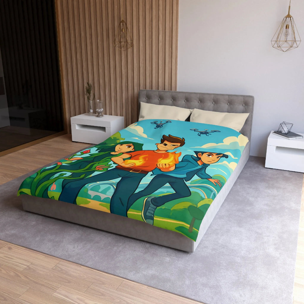 Housse de couette aventure jeune héros, nature et futur avec drones volants