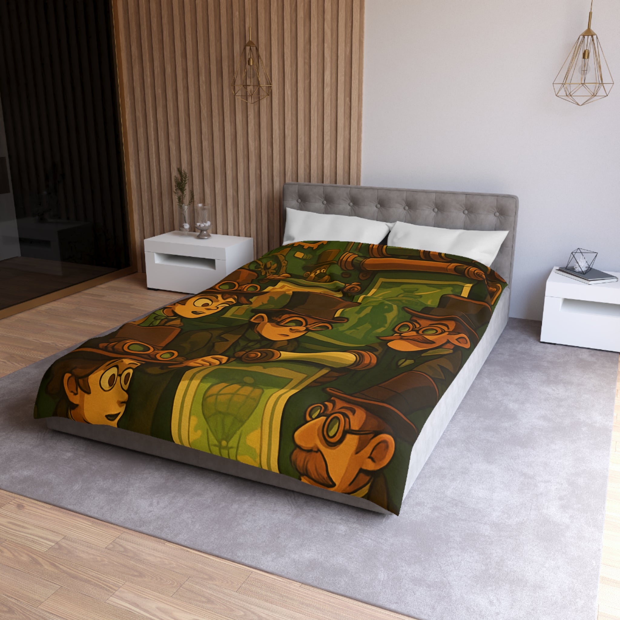 Housse de couette steampunk rétro vintage, illustration de gentlemen en chapeaux et engrenages