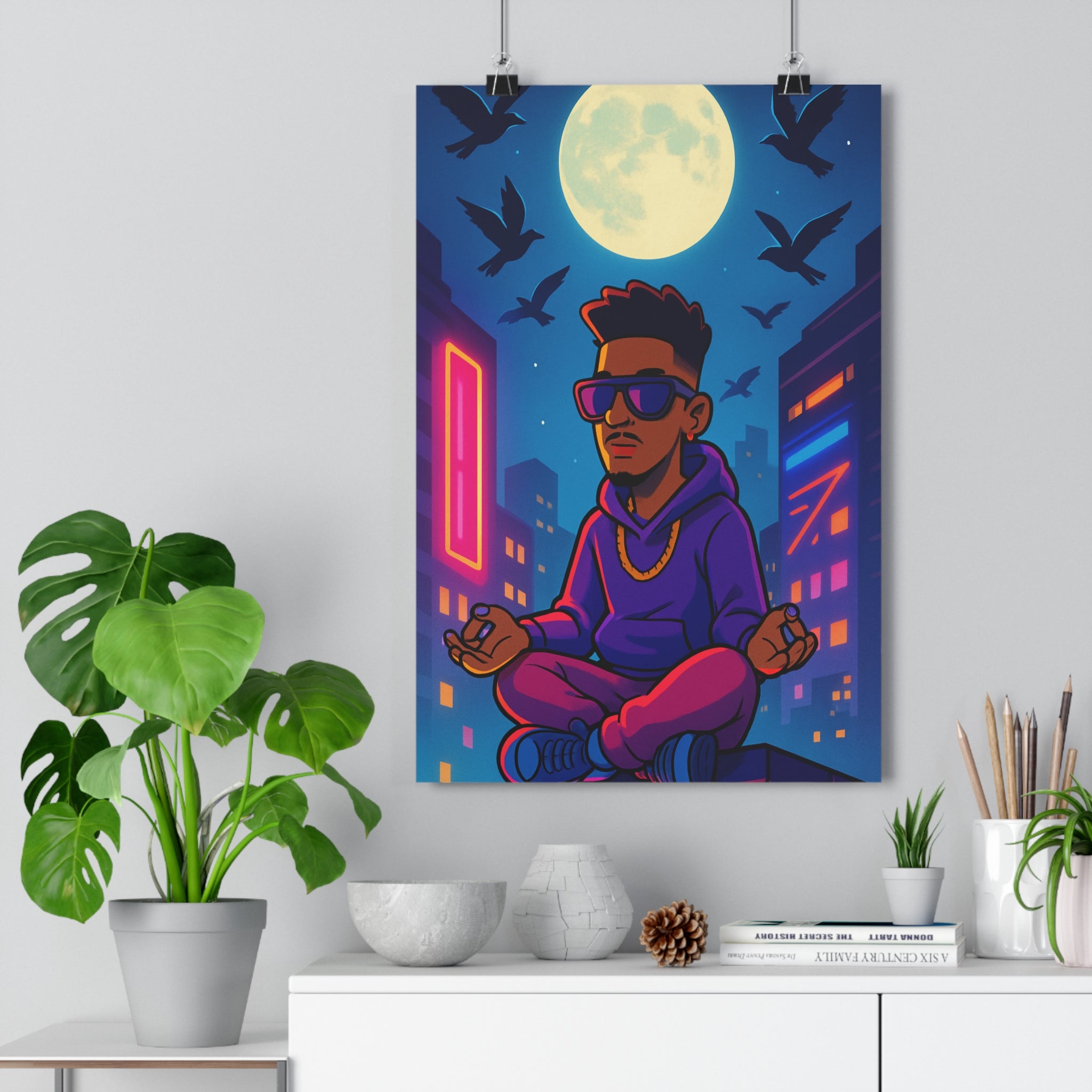 Poster décoratif cartoon personnage méditation nocturne urbain néon mystique bureau moderne cadre ambiance qualité