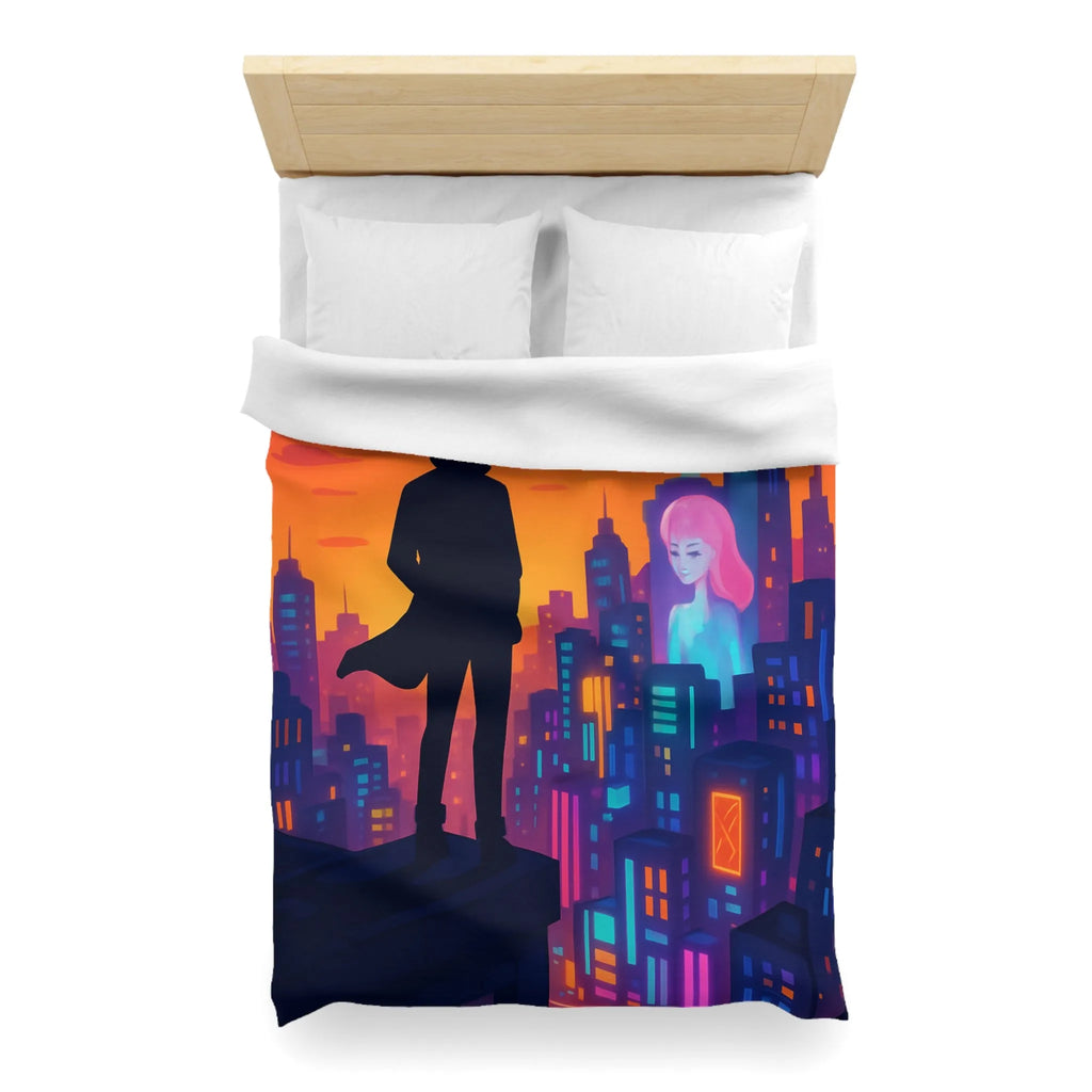 Housse de couette futuriste avec silhouette urbaine et couleurs vibrantes pour chambre moderne