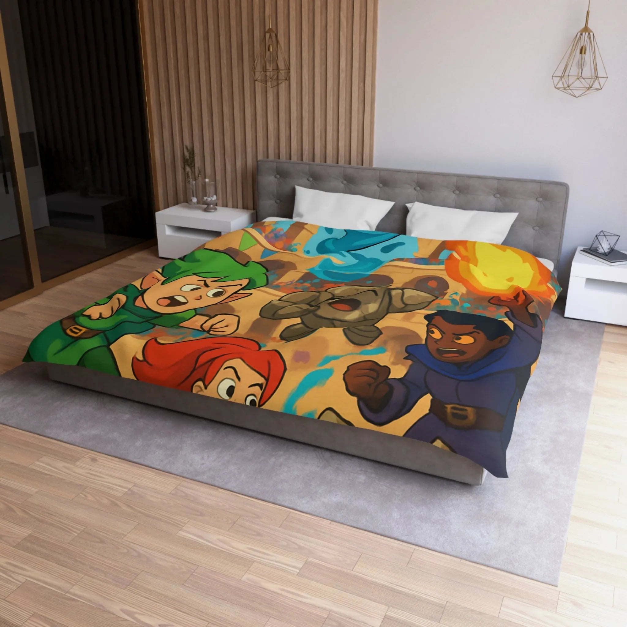 Housse de couette dynamique avec personnages de fantasy en pleine bataille épique animée