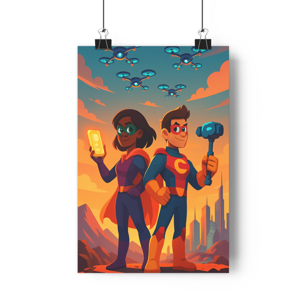 Poster décoratif cartoon coloré action aventure superhéros moderne chambre salon orange rose dynamique ambiance