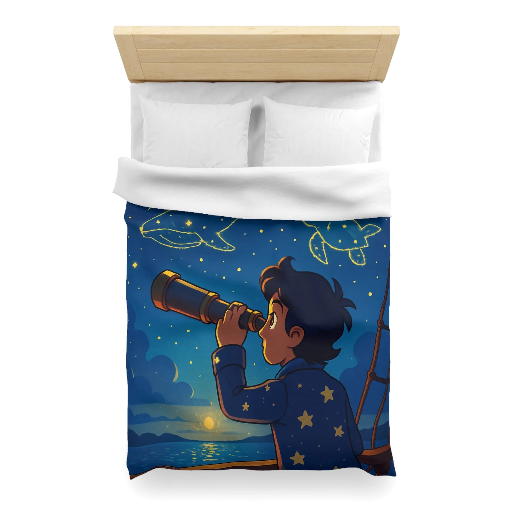 Housse de Couette Étoilée Enfant Rêveur Observant Constellations Célestes Bleu Nuit