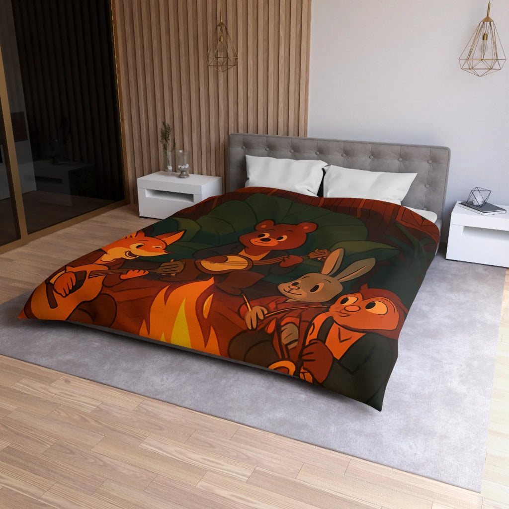 Housse de Couette Animaux Musiciens Autour Feu de Camp Ambiance Cosy pour Chambre Enfant