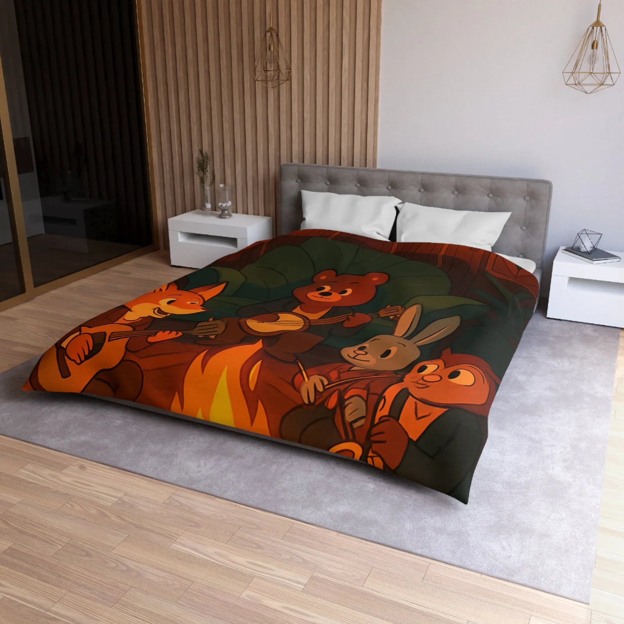 Housse de Couette Animaux Musiciens Autour Feu de Camp Ambiance Cosy pour Chambre Enfant