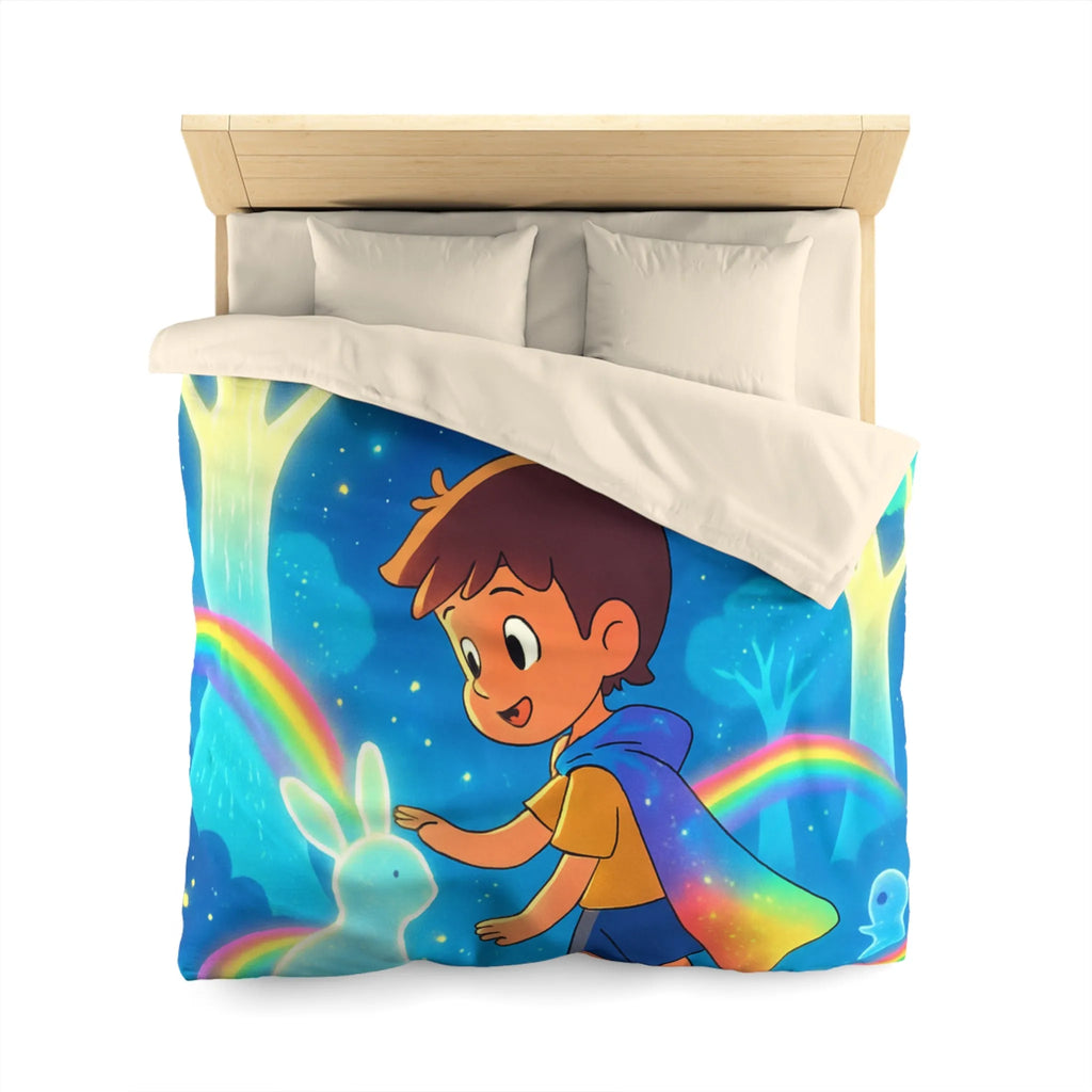 Housse de couette enfantine aux créatures lumineuses et arcs-en-ciel dans forêt enchantée
