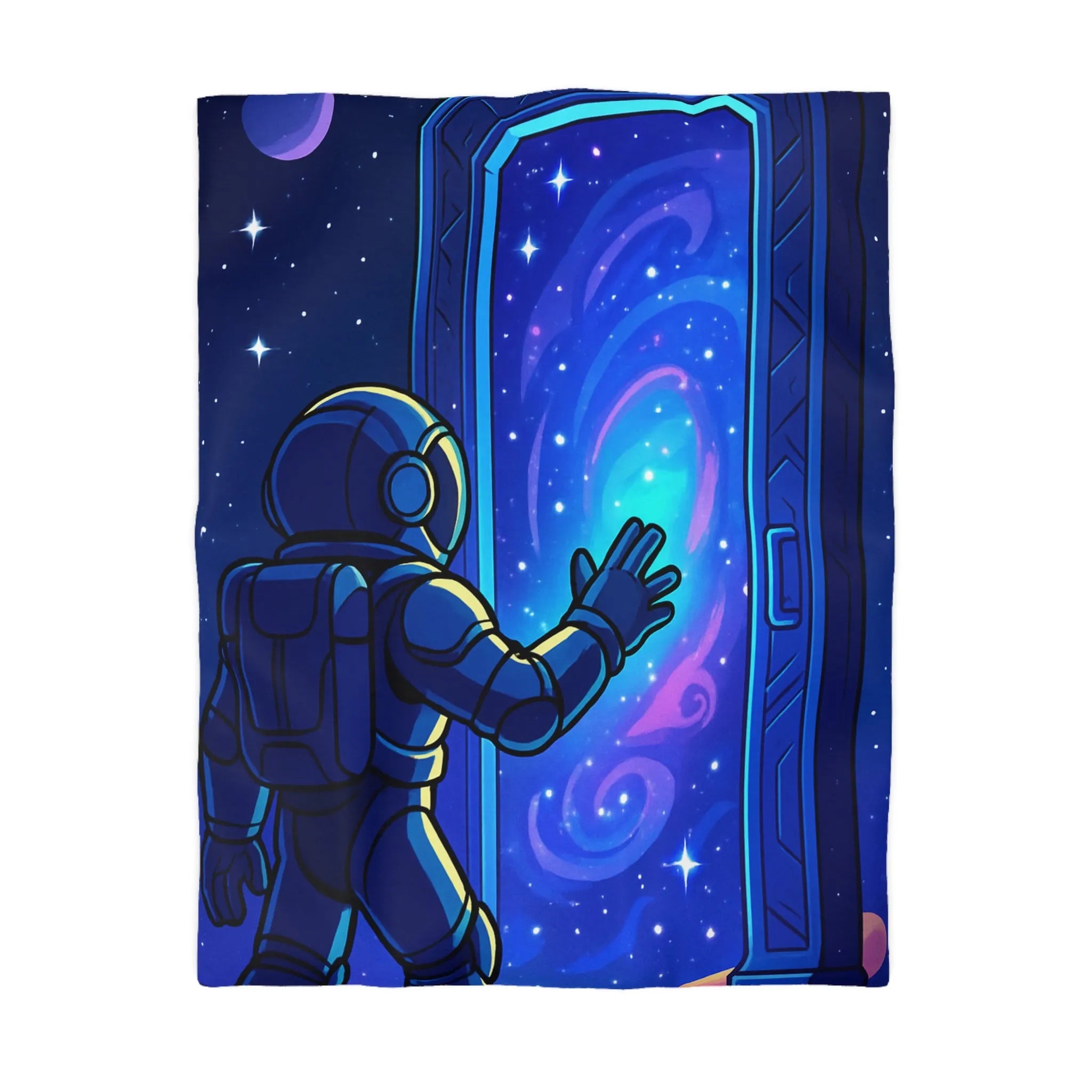 Housse de couette astronaute explorant une porte cosmique vers une galaxie colorée mystérieuse